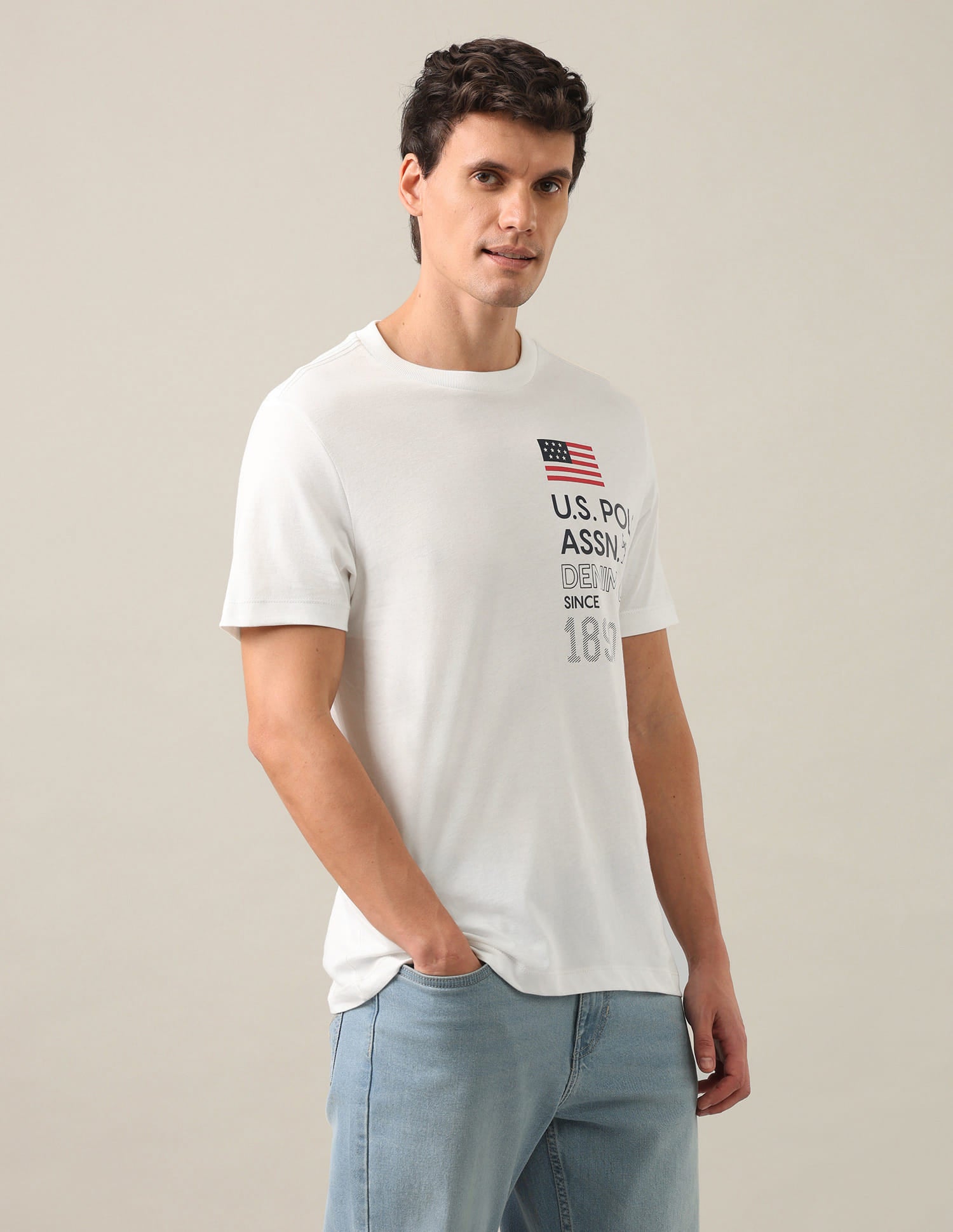 Typographic Brand Printed Regular Fit T-Shirt Ivory - U.S. Polo Assn. India | Large