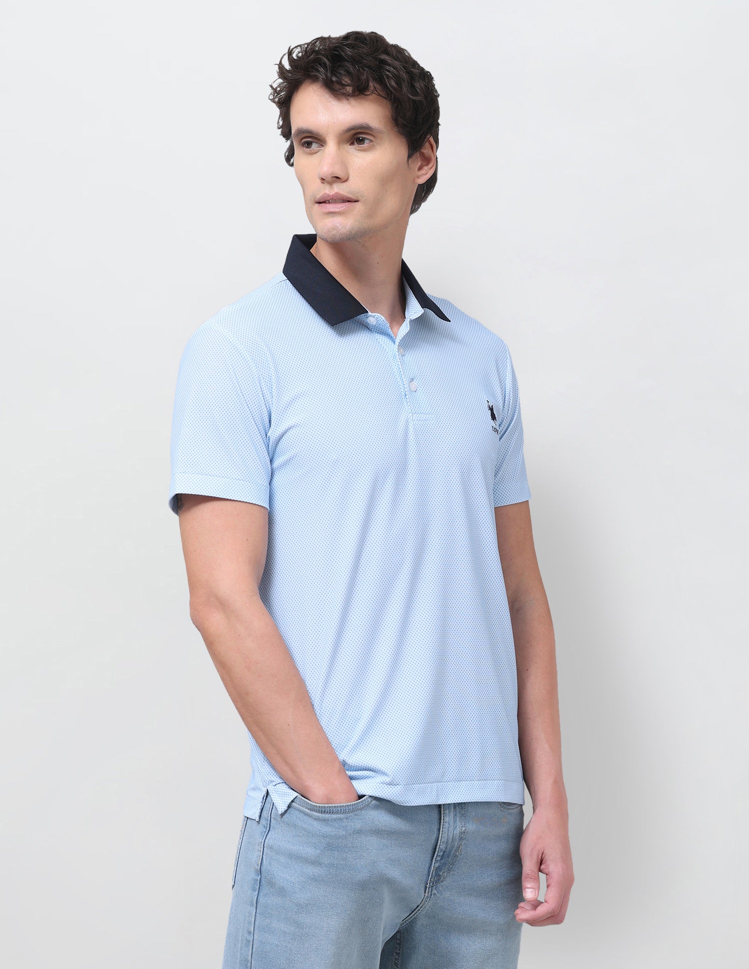 Geometric Printed Slim Fit Polo Shirt Light Blue - U.S. Polo Assn. India | Large