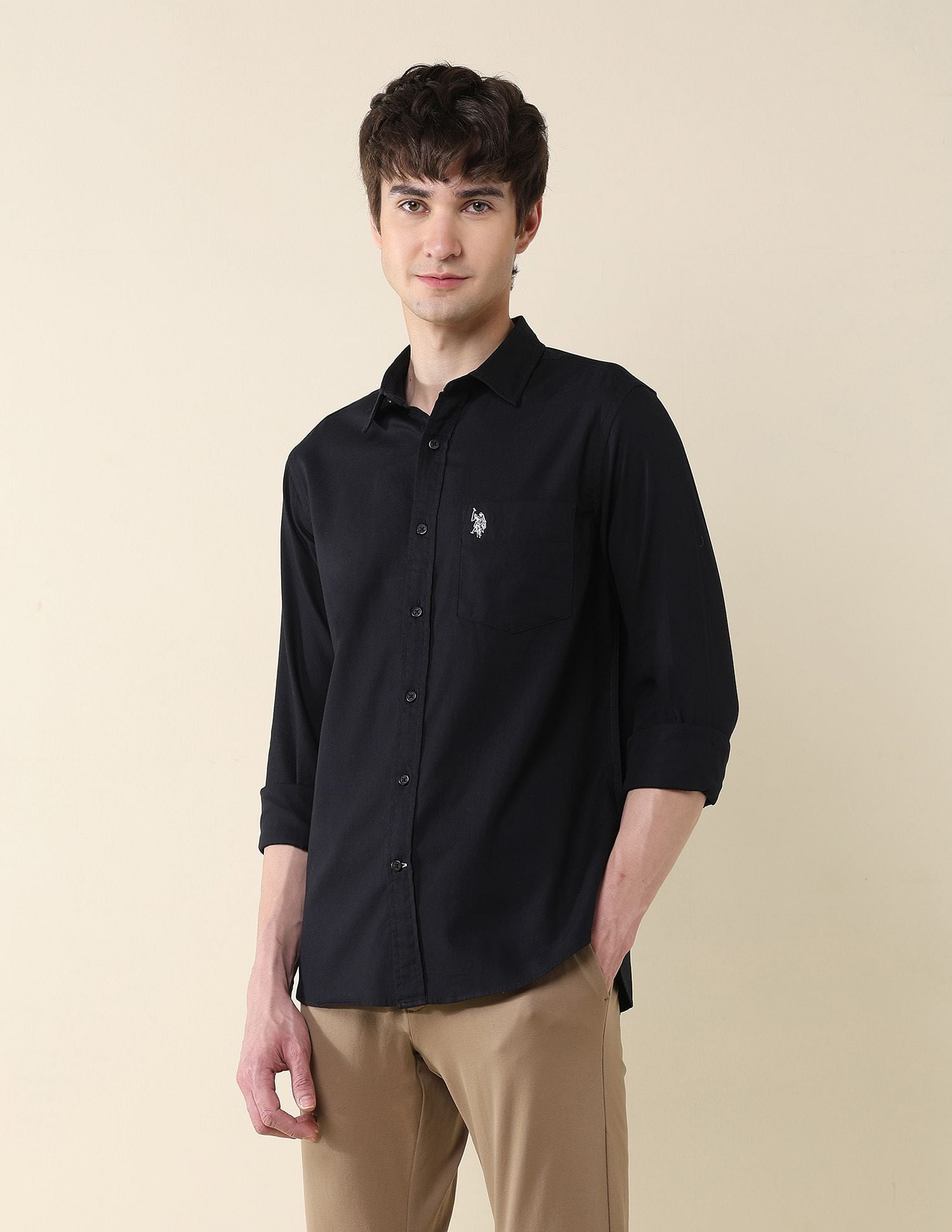 Solid Birds Eye Dobby Shirt Black - U.S. Polo Assn. India | Large