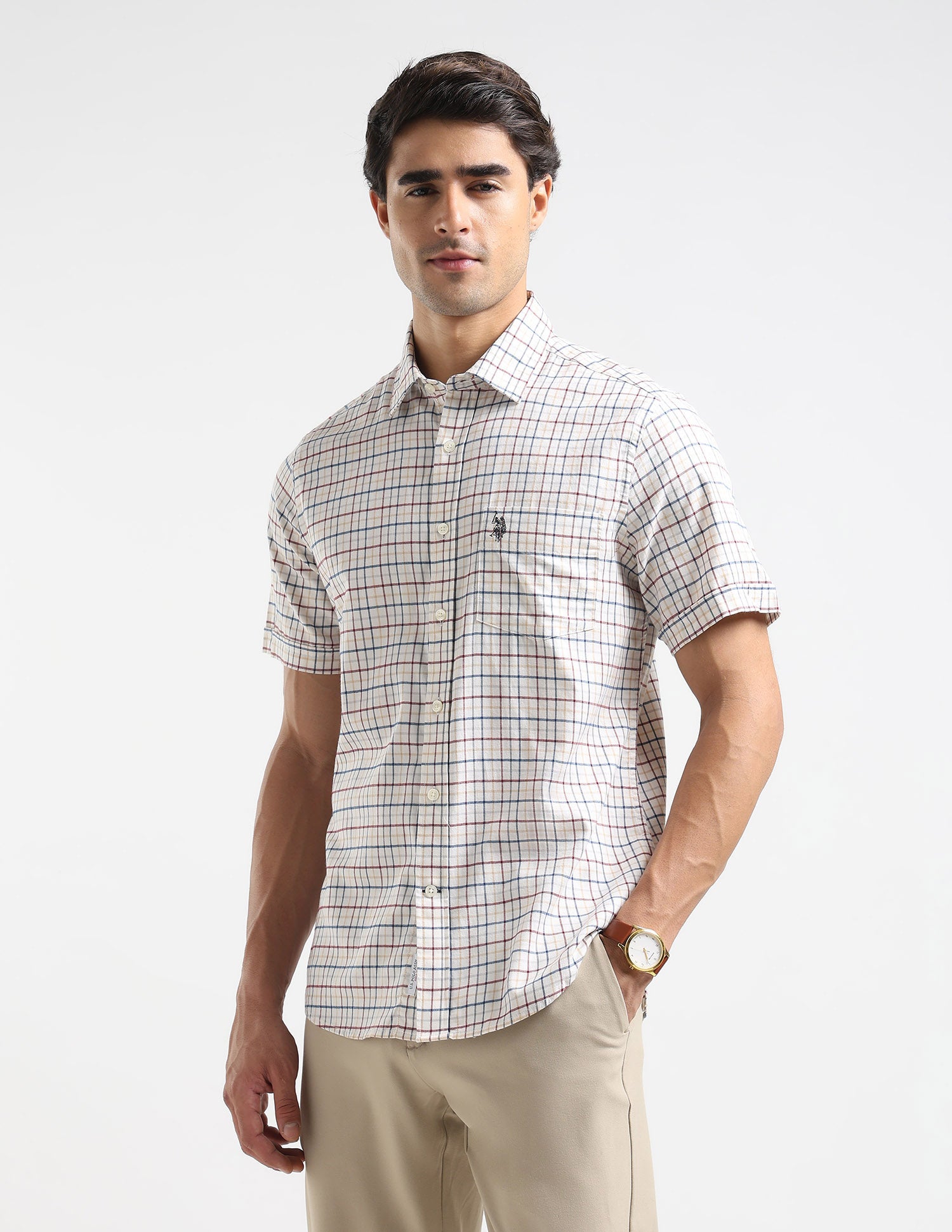 Grid Tattersall Checked Tailored Fit Shirt Ivory - U.S. POLO ASSN. | Large
