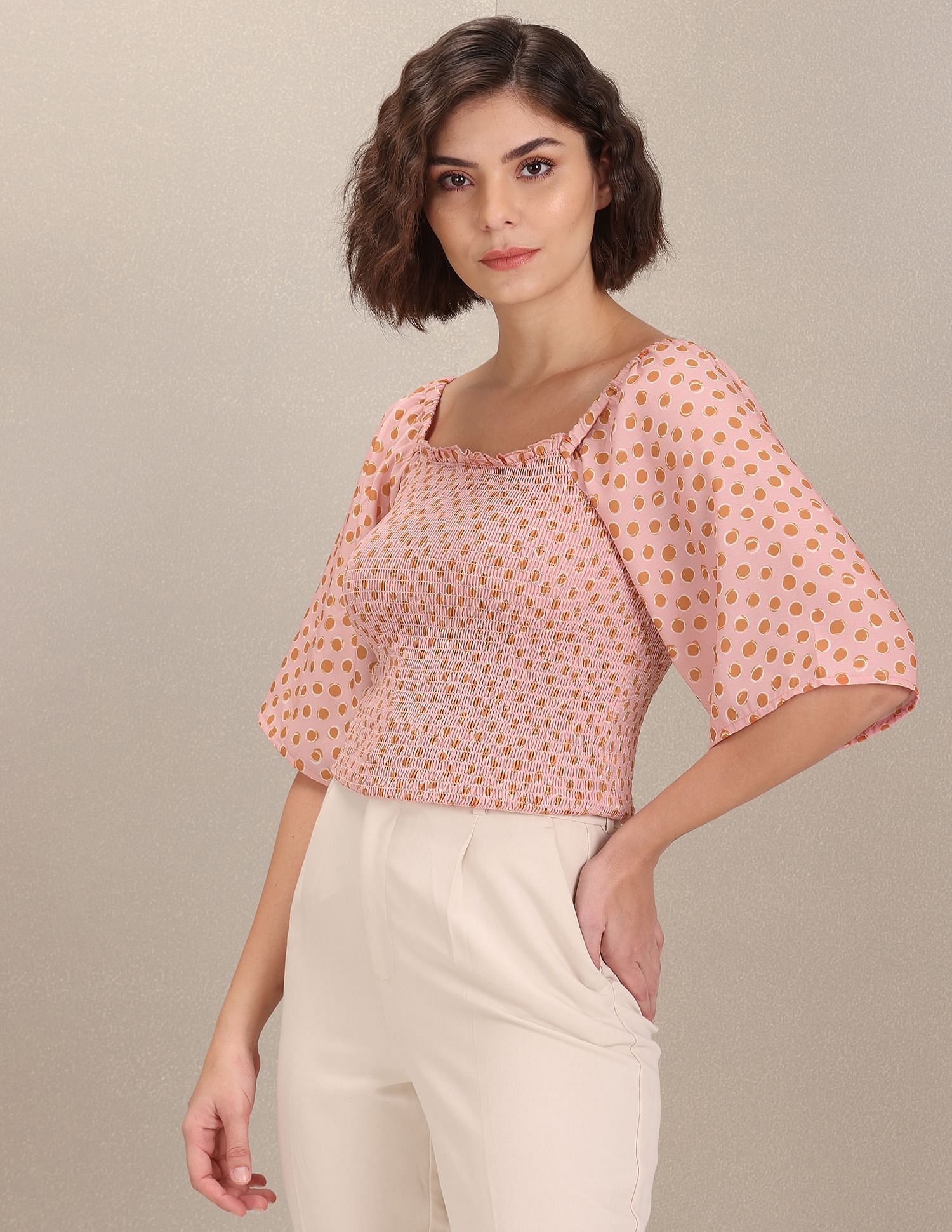Square Neck Polka Dot Smocked Top Pink - U.S. Polo Assn. India | Large