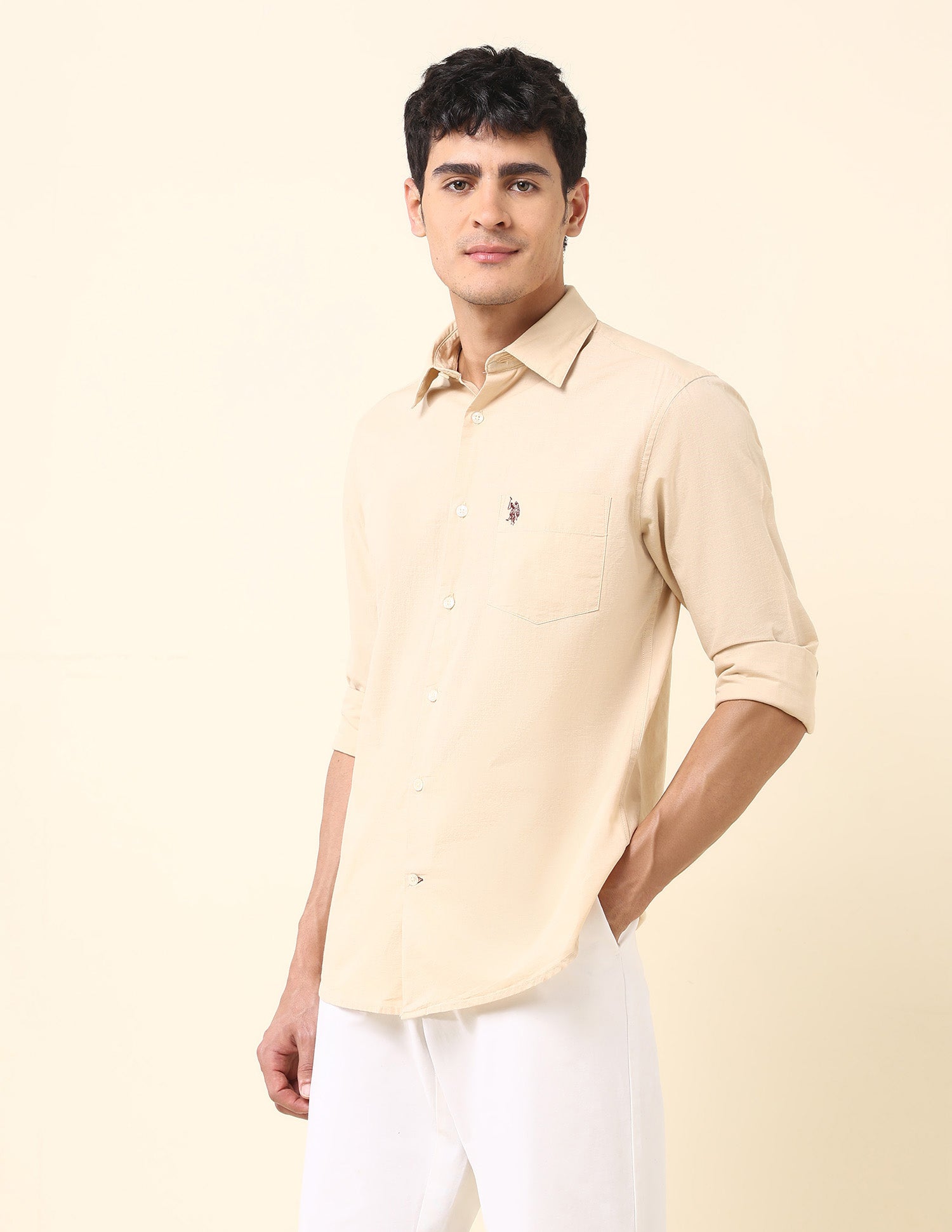 Solid Twill Tailored Fit Shirt Beige - U.S. Polo Assn. India | Large
