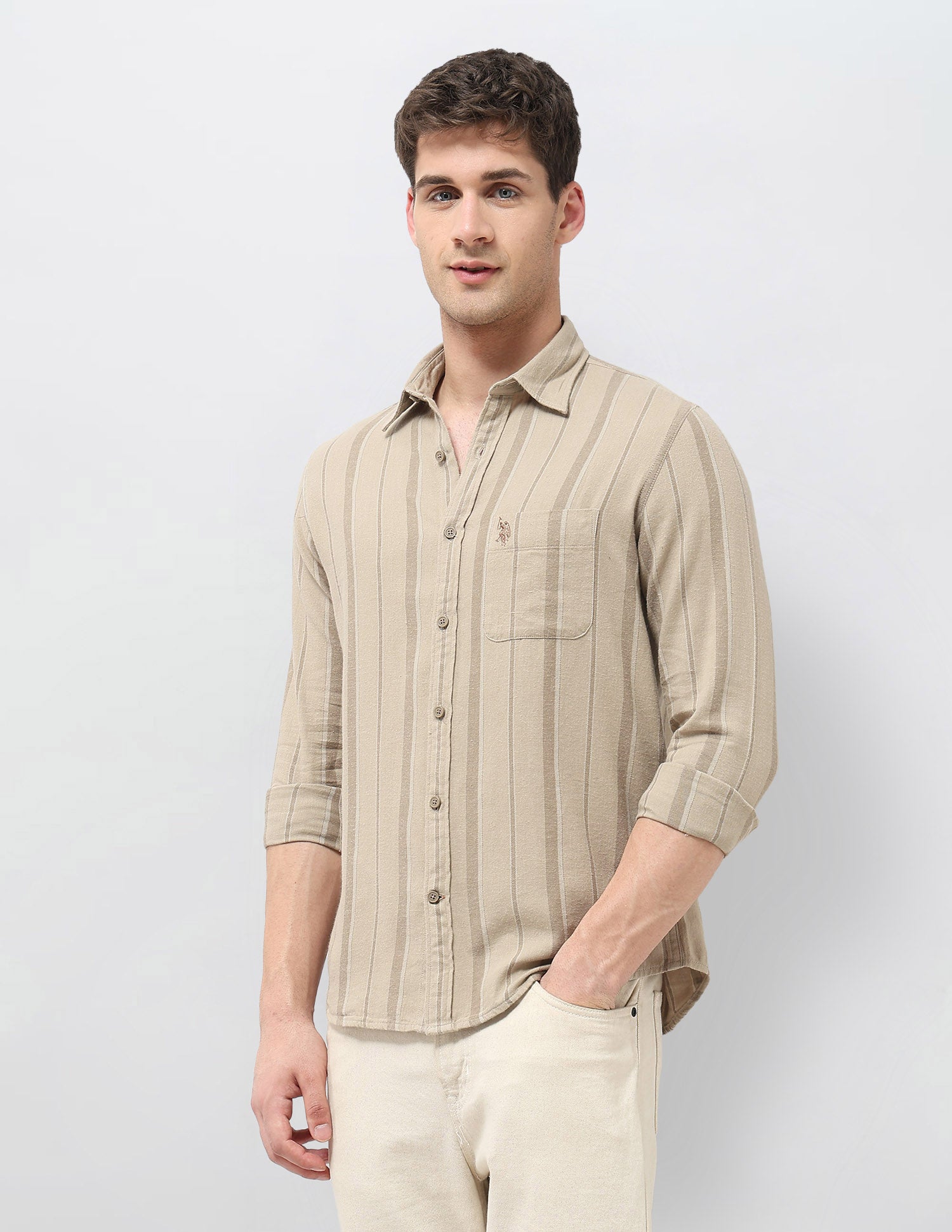Vertical Striped Regular Fit Shirt Khaki - U.S. POLO ASSN. | Large