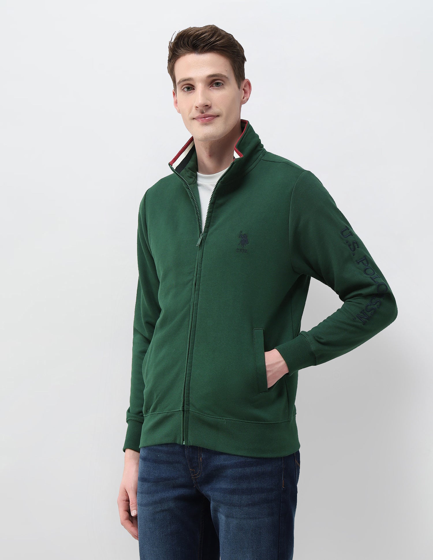 Brand Embroidered Zipper Sweatshirt Dark Green - U.S. Polo Assn. India | Large
