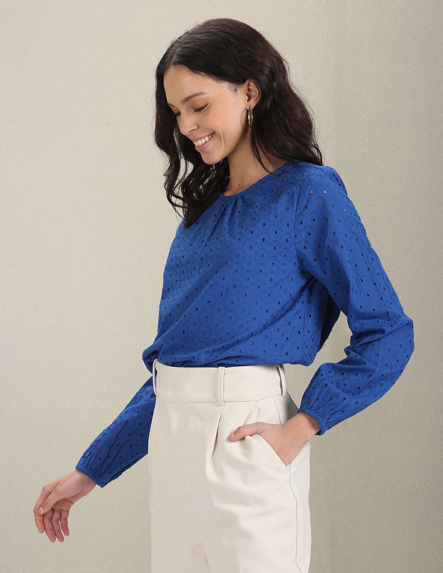 Long Sleeve Schiffli Cotton Top Blue - U.S. Polo Assn. India | Large