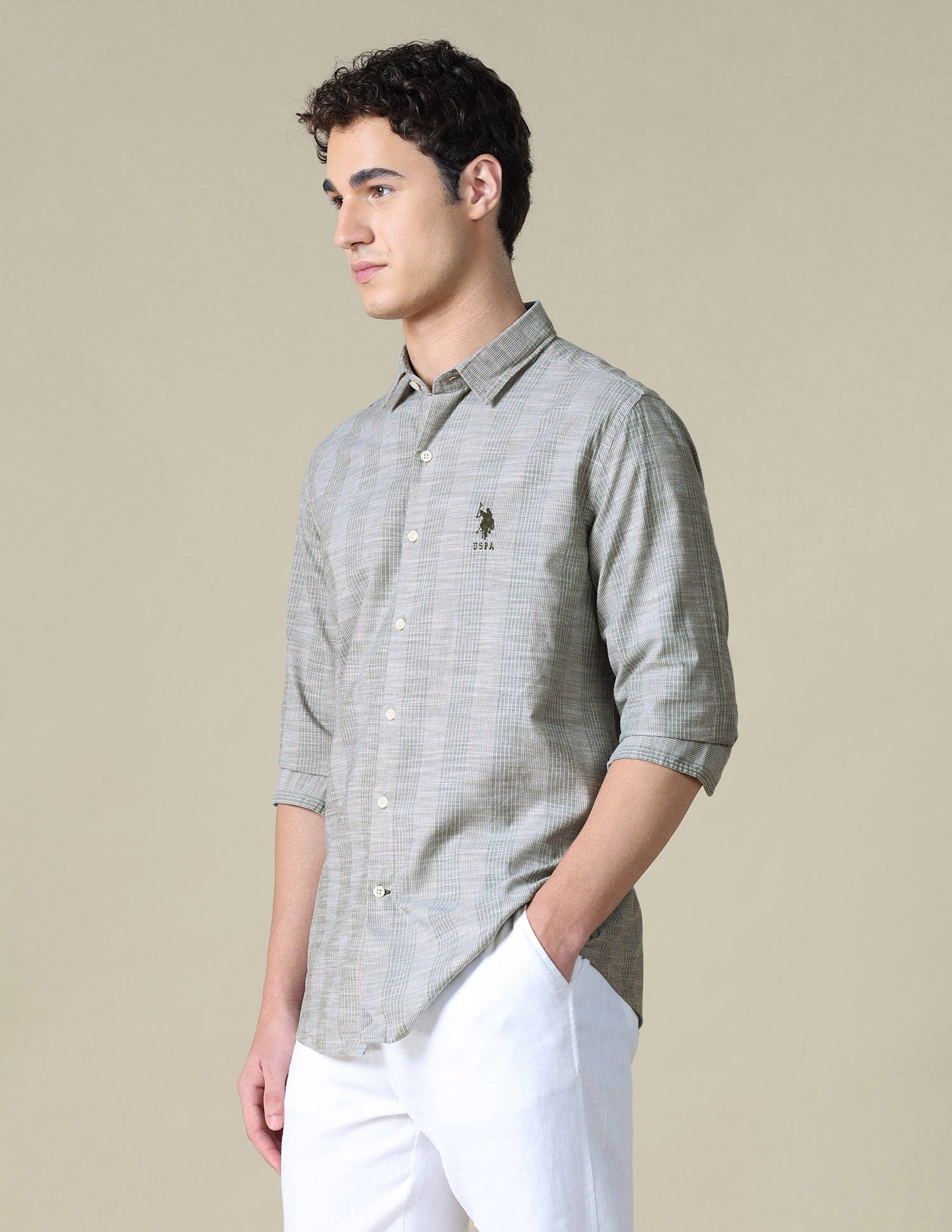 Vertical Striped Regular Fit Shirt Light Olive - U.S. Polo Assn. India | Large