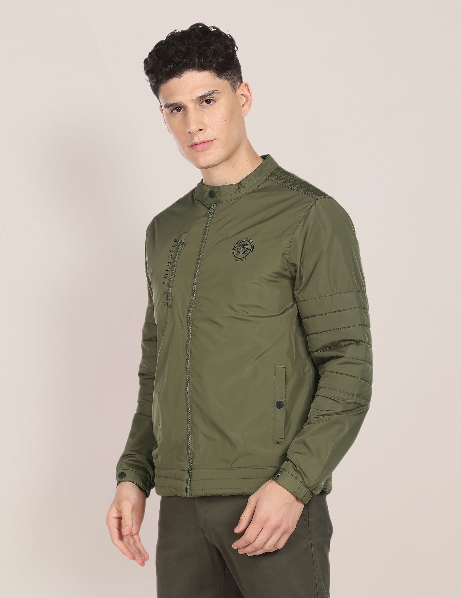 Men Olive Stand Collar Solid Jacket – U.S. Polo Assn. India