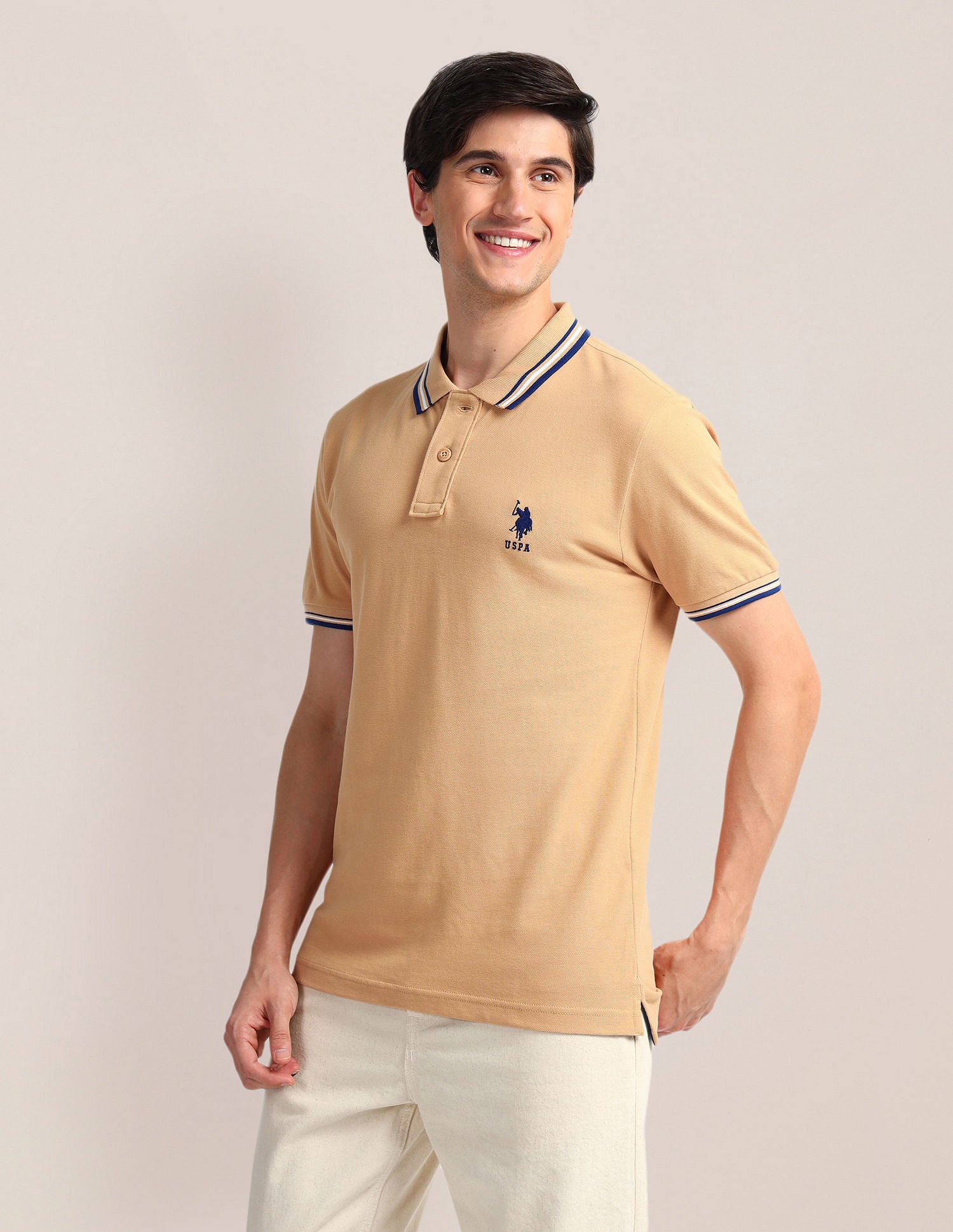 Tipped Collar Slim Polo Shirt Beige - U.S. Polo Assn. India | Large