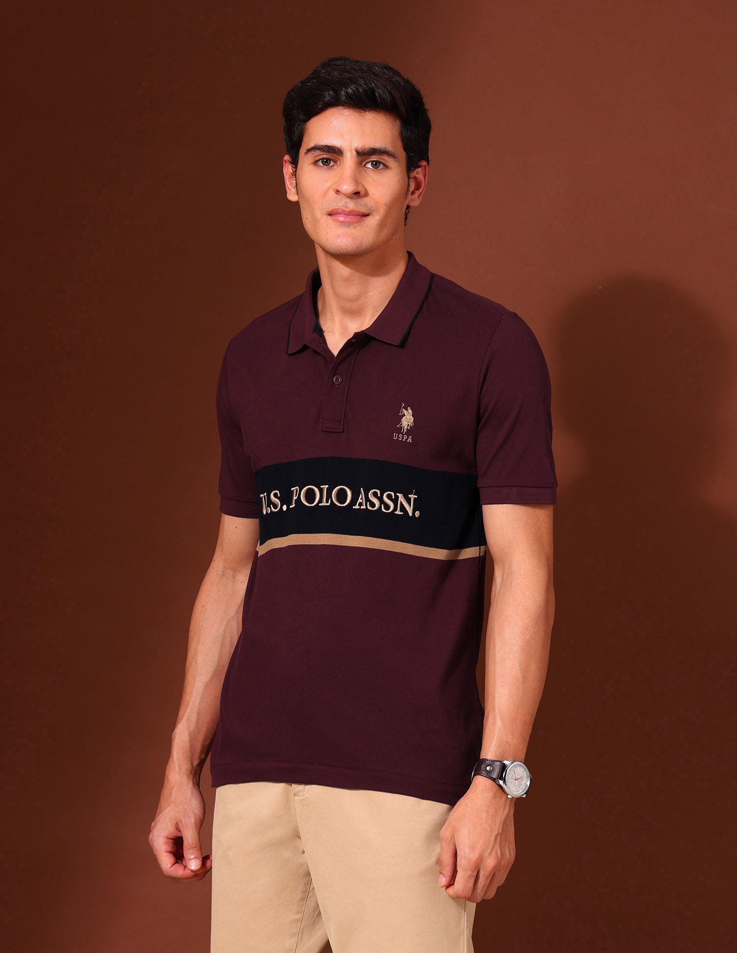 Brand Embroidered Pure Cotton Varsity Polo Shirt Maroon - U.S. Polo Assn. India | Large