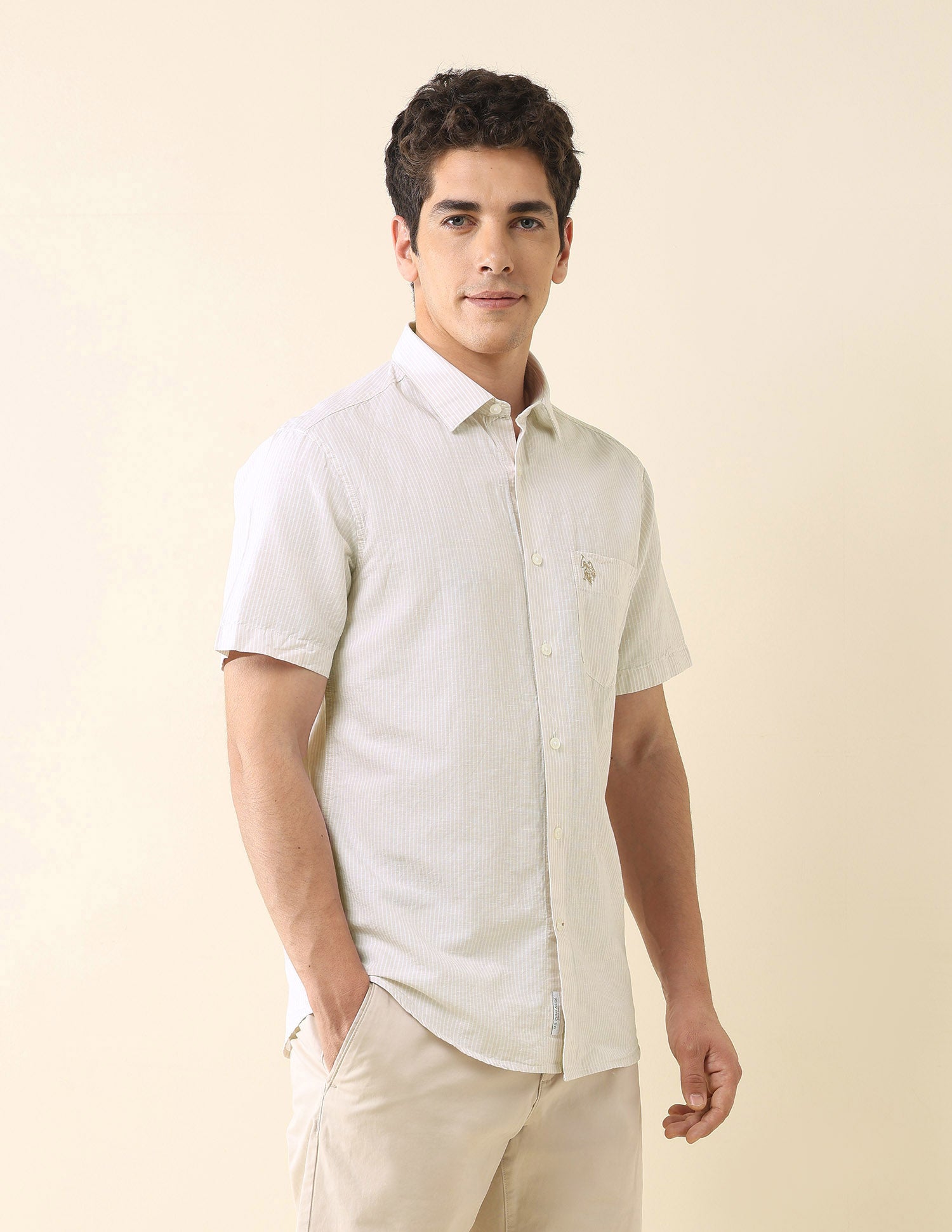 Vertical Striped Tailored Fit Shirt Beige - U.S. Polo Assn. India | Large