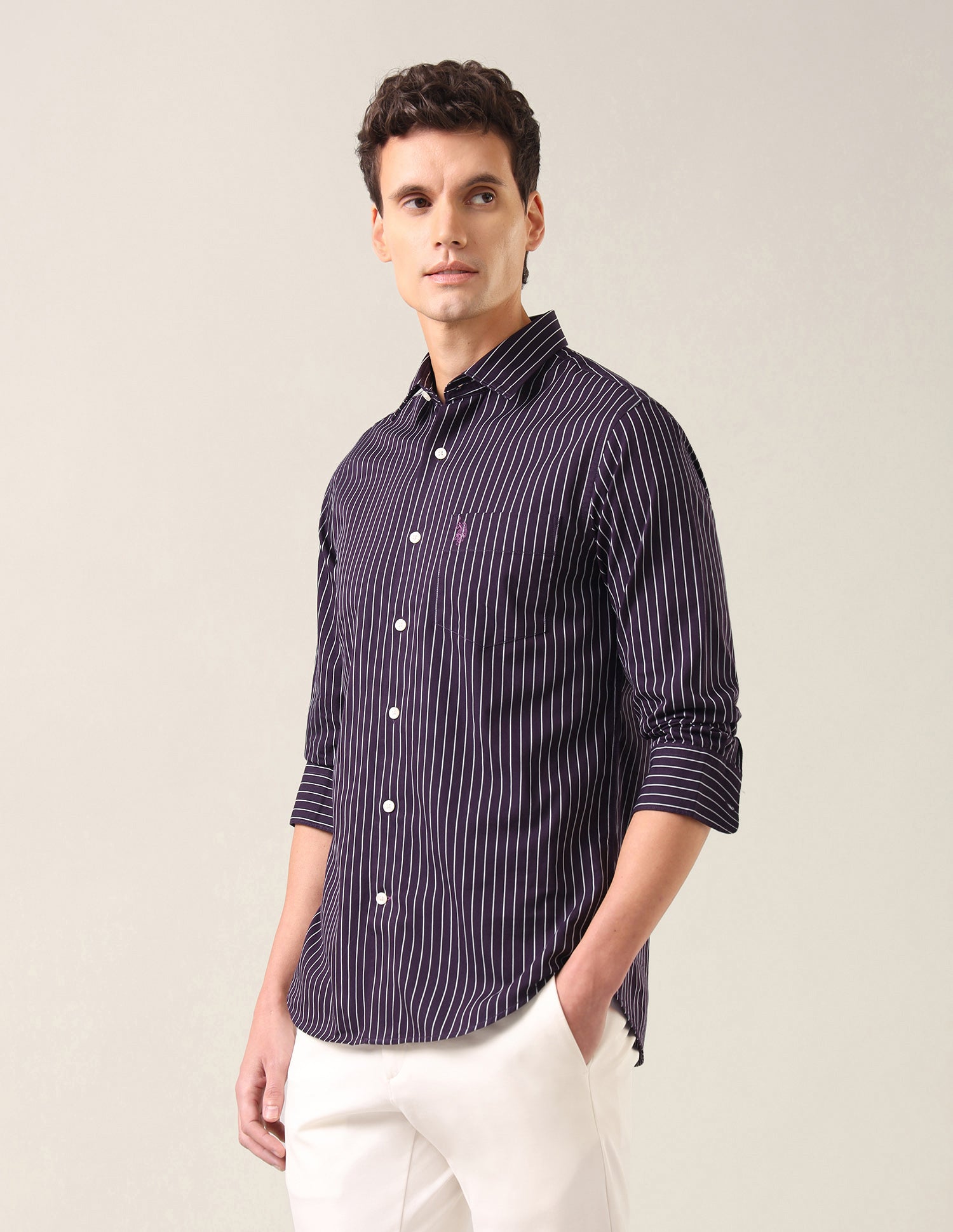 Vertical Striped Tailored Fit Shirt Purple - U.S. Polo Assn. India | Large