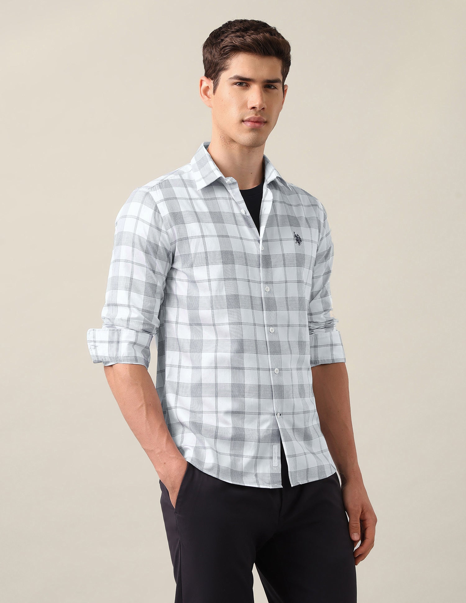 Grid Tattersall Checked Satin Shirt Navy - U.S. Polo Assn. India | Large