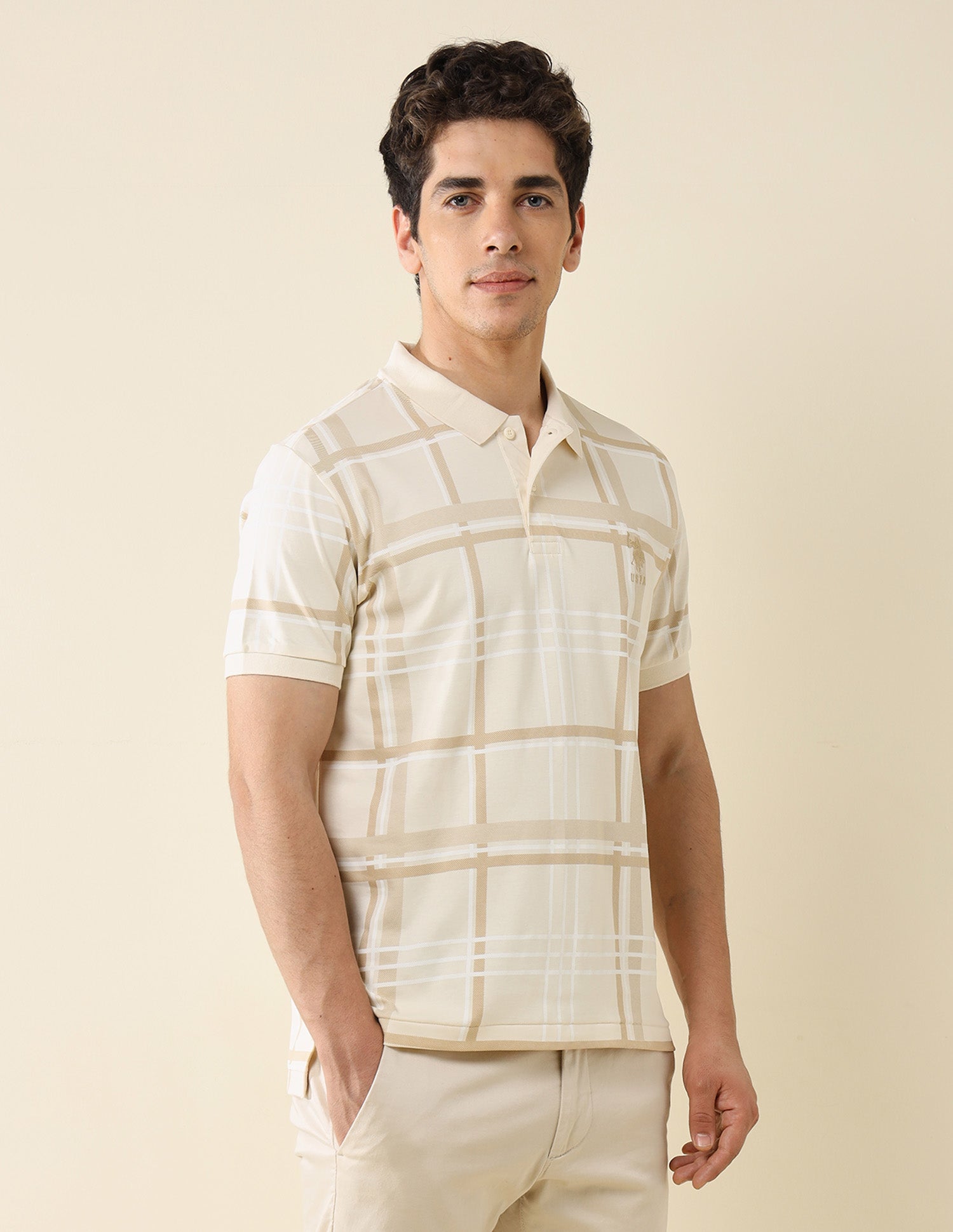 Checked Slim Fit Classic Polo Shirt Beige - U.S. Polo Assn. India | Large
