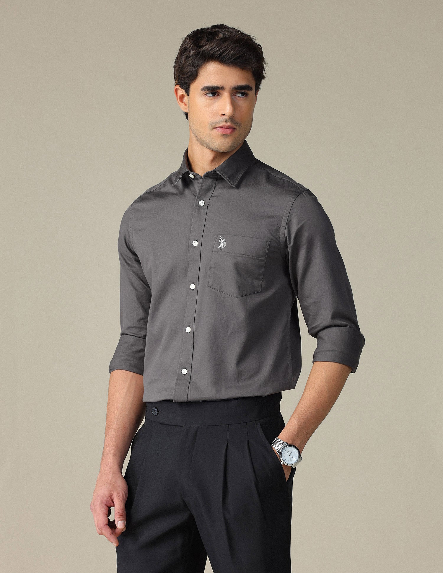 Pure Cotton Tailored Fit Shirt Charcoal - U.S. POLO ASSN. | Large