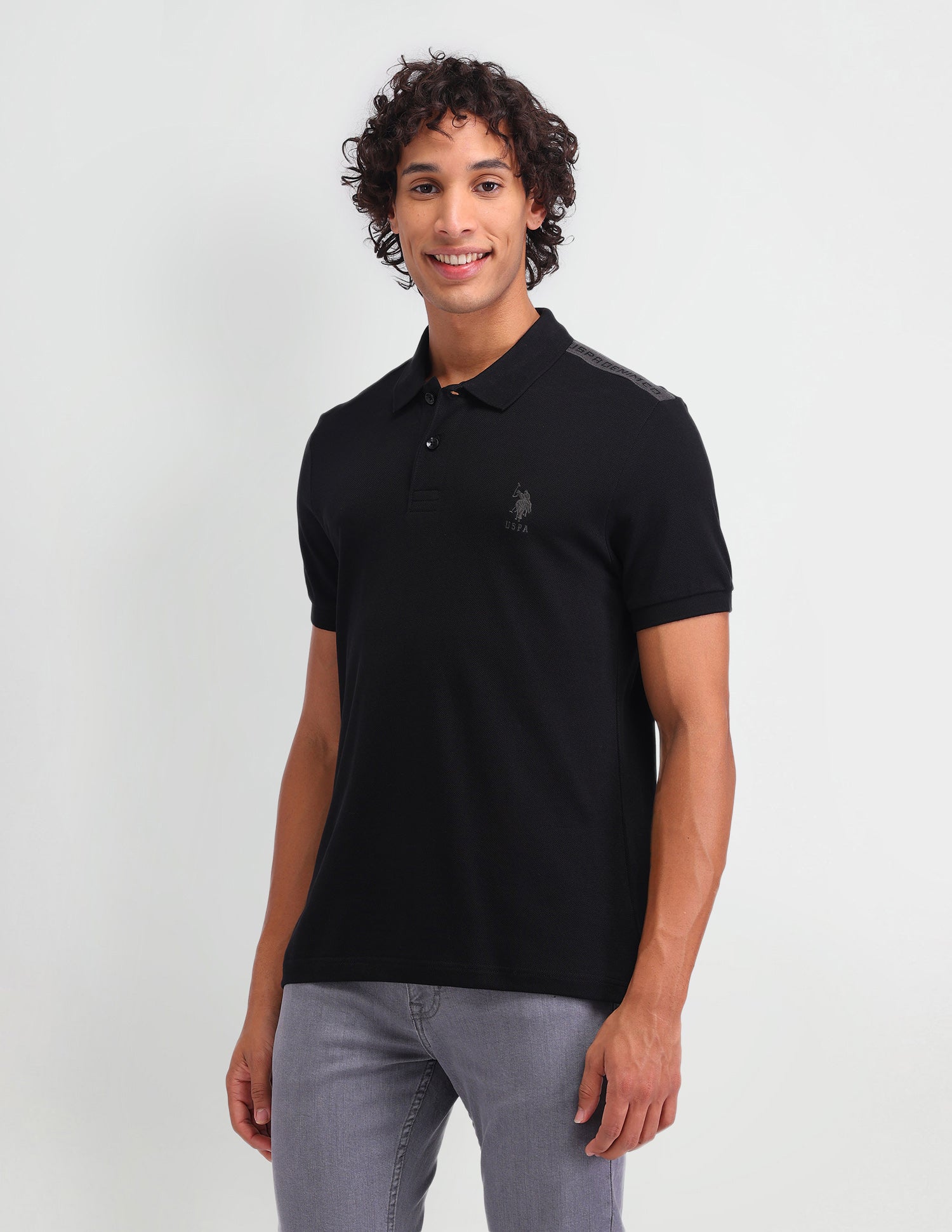 Solid Cotton Muscle Fit Polo Shirt Black - U.S. Polo Assn. India | Large