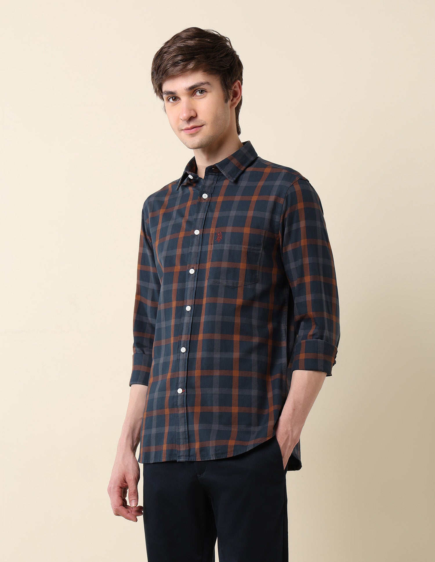 Windowpane Checked Pure Cotton Shirt Navy - U.S. Polo Assn. India | Large