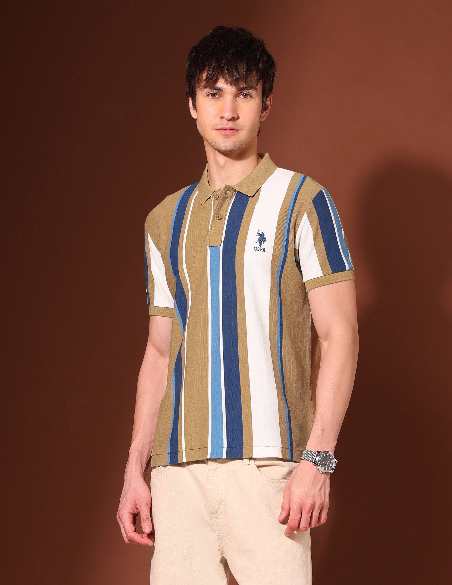 Vertical Striped Working Holiday Polo Shirt Brown - U.S. Polo Assn. India | Large