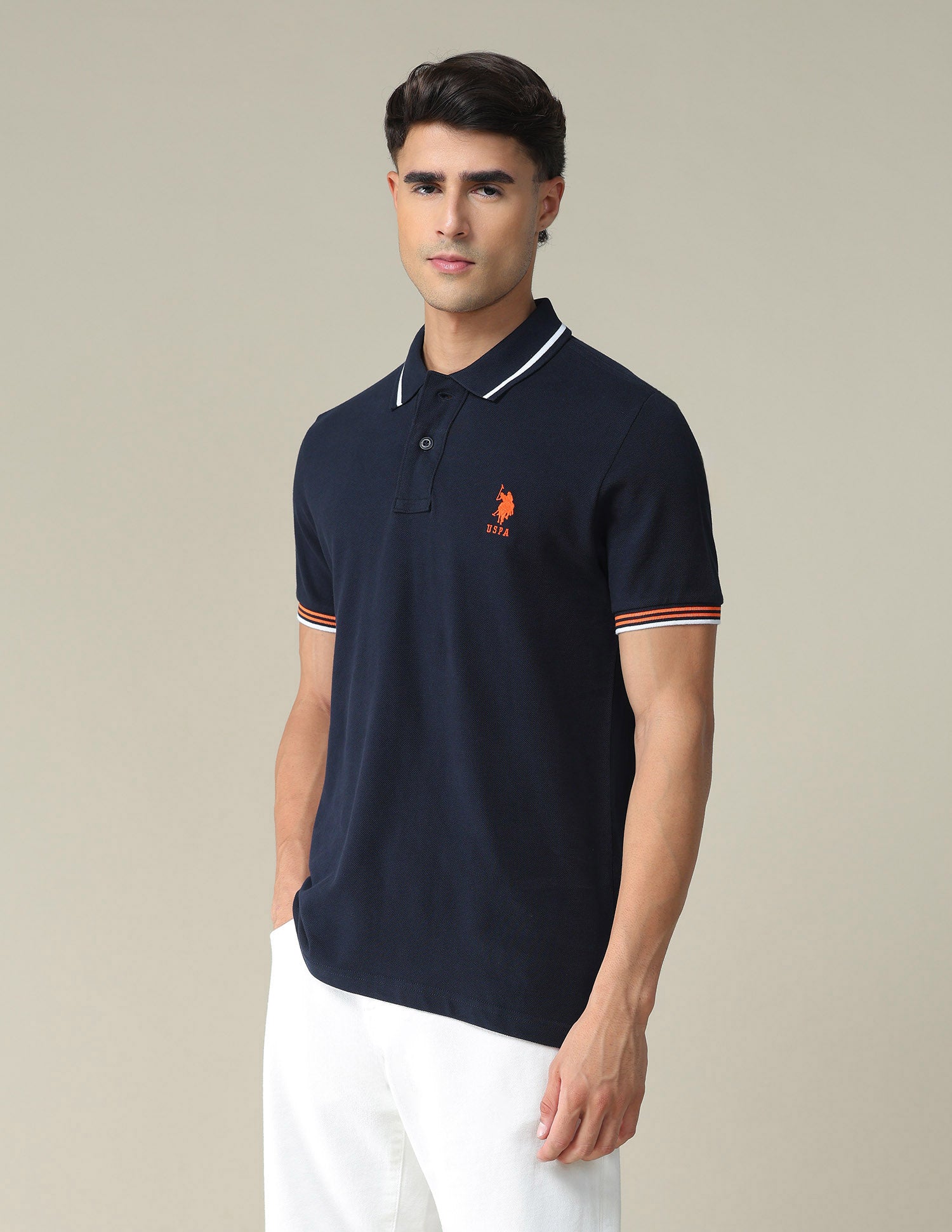 Striped Collar Solid Polo Shirt Navy - U.S. POLO ASSN. | Large