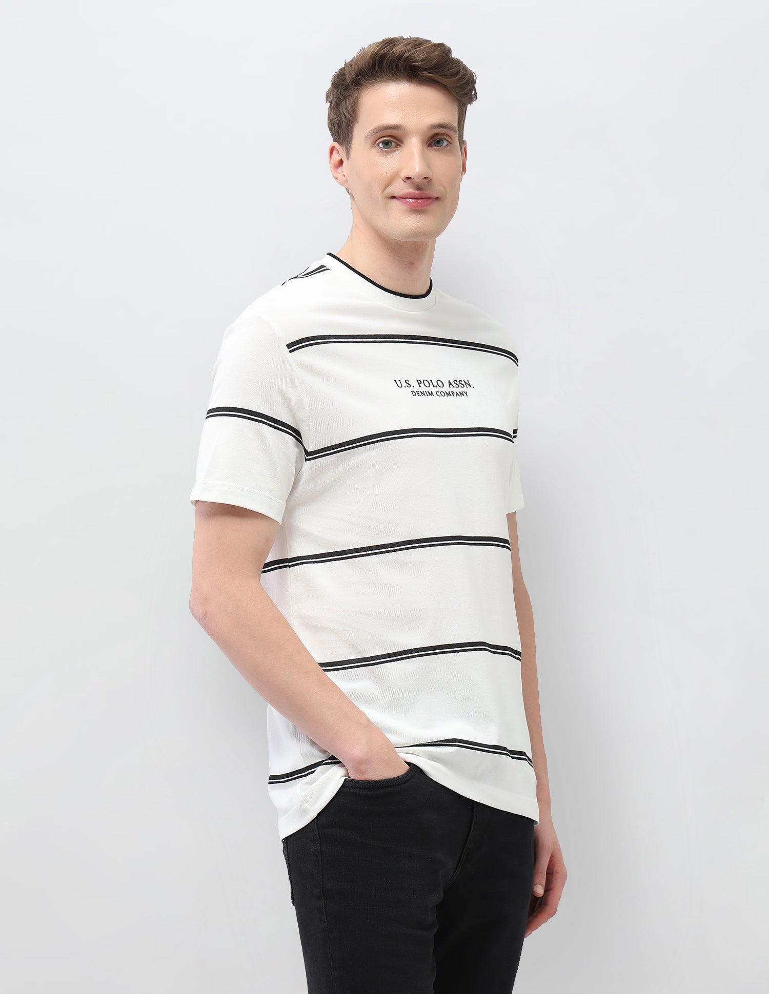 Horizontal Striped Slim Fit Black & Gold T-Shirt Ivory - U.S. Polo Assn. India | Large