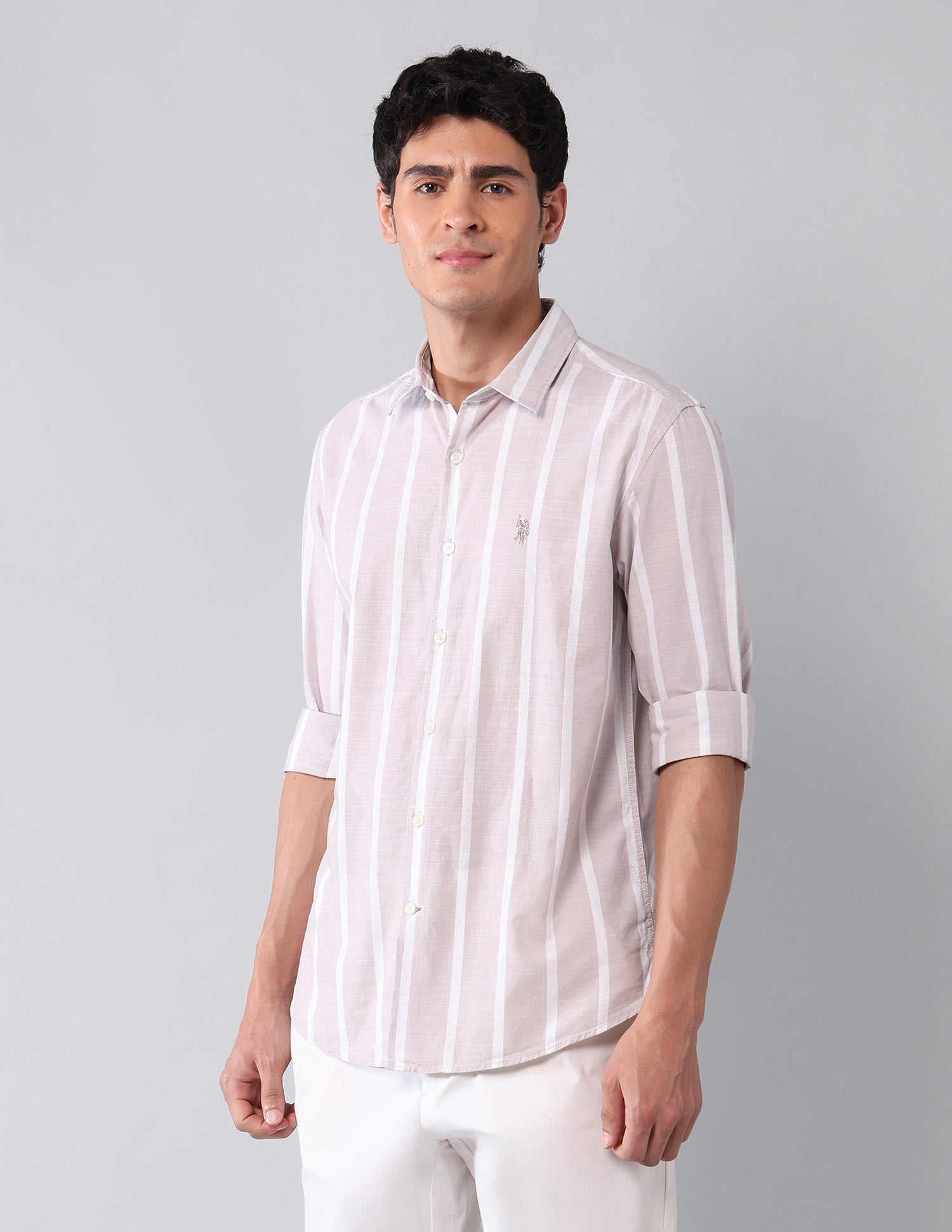 Vertical Striped Pure Cotton Shirt Khaki - U.S. Polo Assn. India | Large