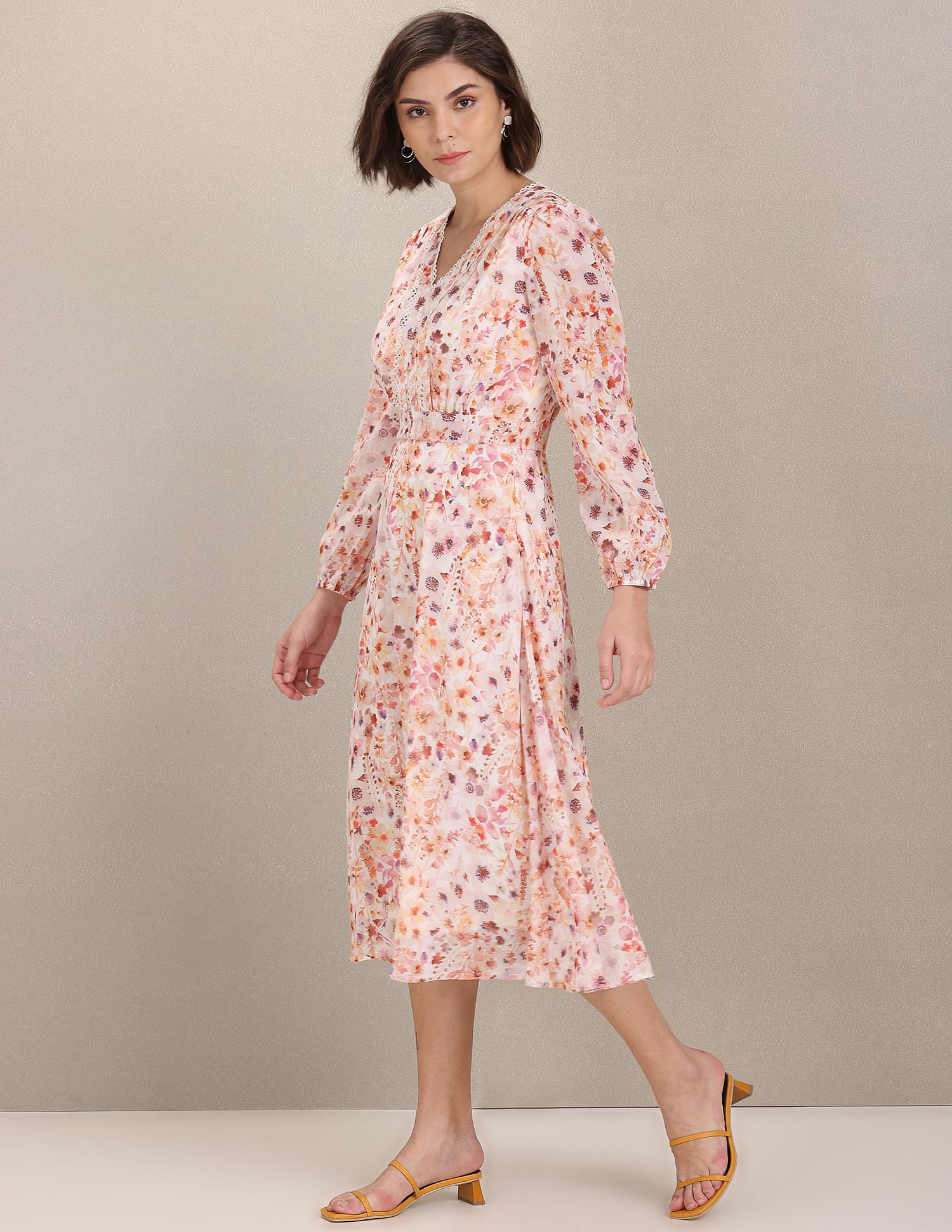V-Neck Floral Print Fit And Flare Dress White and Pink - U.S. Polo Assn. India | Large