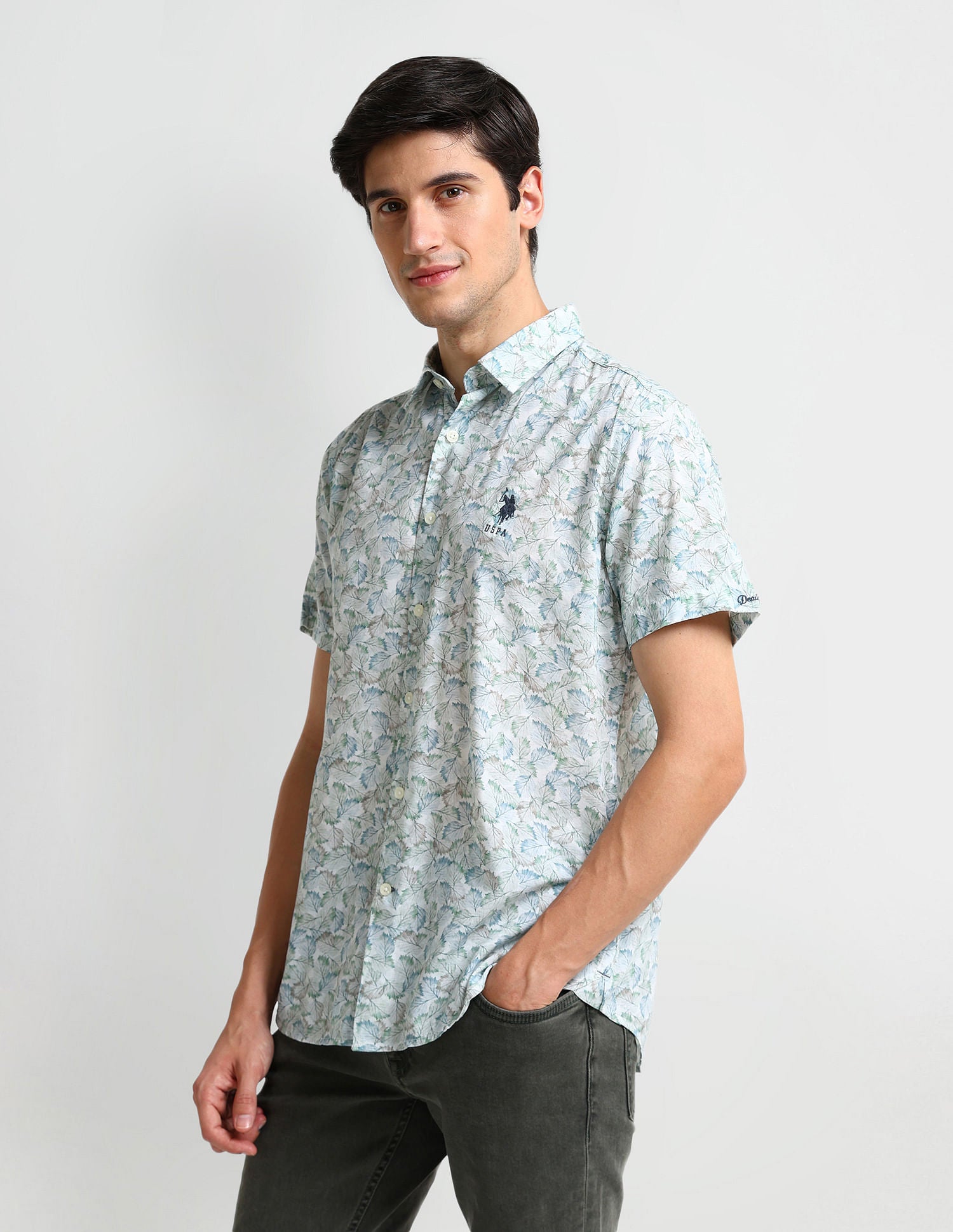 Tropical Print Slim Fit Shirt White and Aqua - U.S. Polo Assn. India | Large