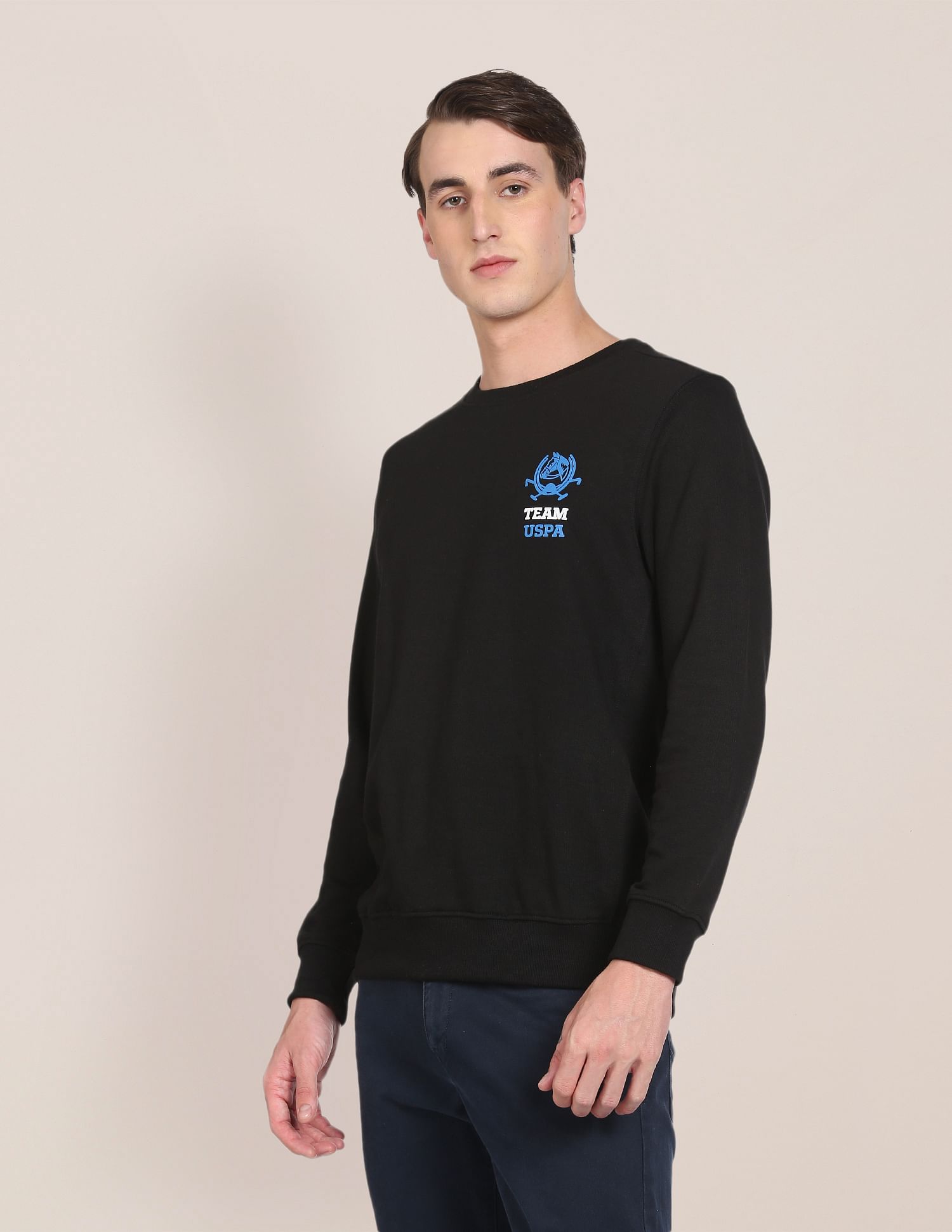 Men Black Crew Neck Logo Solid Sweatshirt Black - U.S. POLO ASSN. | Large