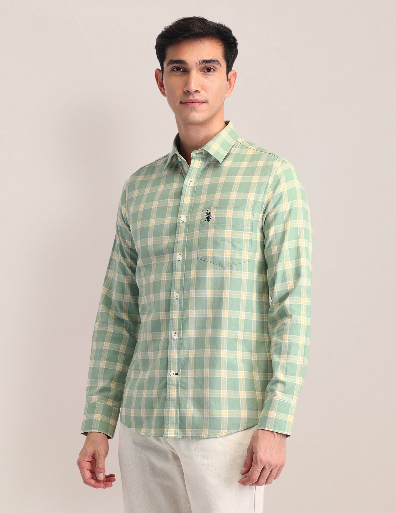 Tailored Fit Dobby Checked Shirt Green - U.S. POLO ASSN. | Large
