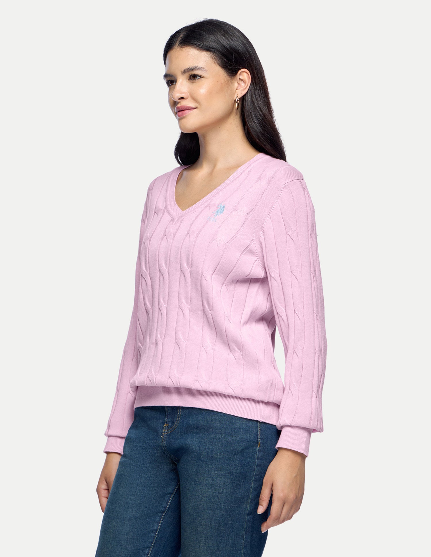 Cable Patterned Knit Regular Fit Sweater Light Pink - U.S. Polo Assn. India | Large