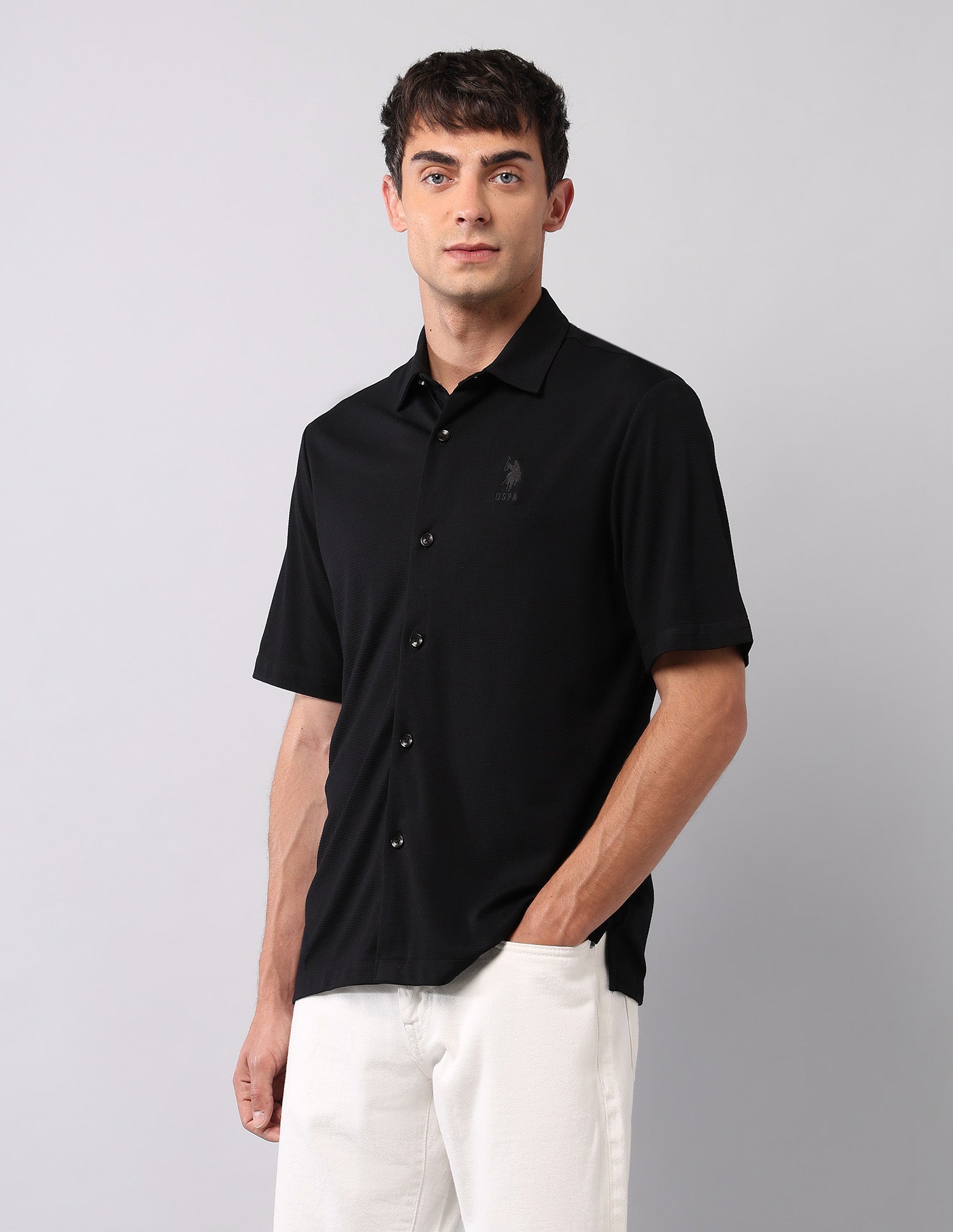 Relaxed Fit Knitted Pure Cotton Shirt Black - U.S. Polo Assn. India | Large