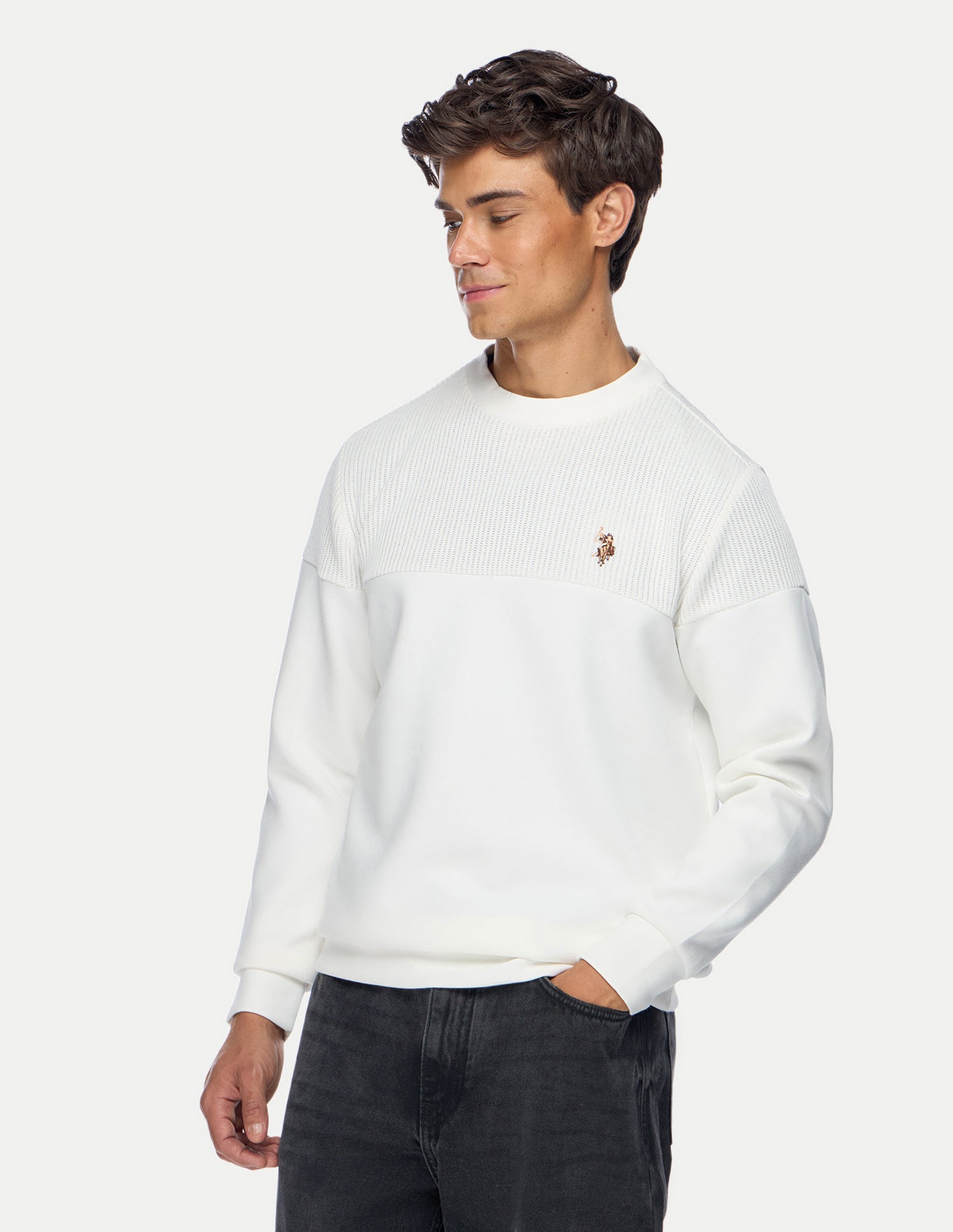 Patterned Knit Regular Fit Sweatshirt Ivory - U.S. Polo Assn. India | Large