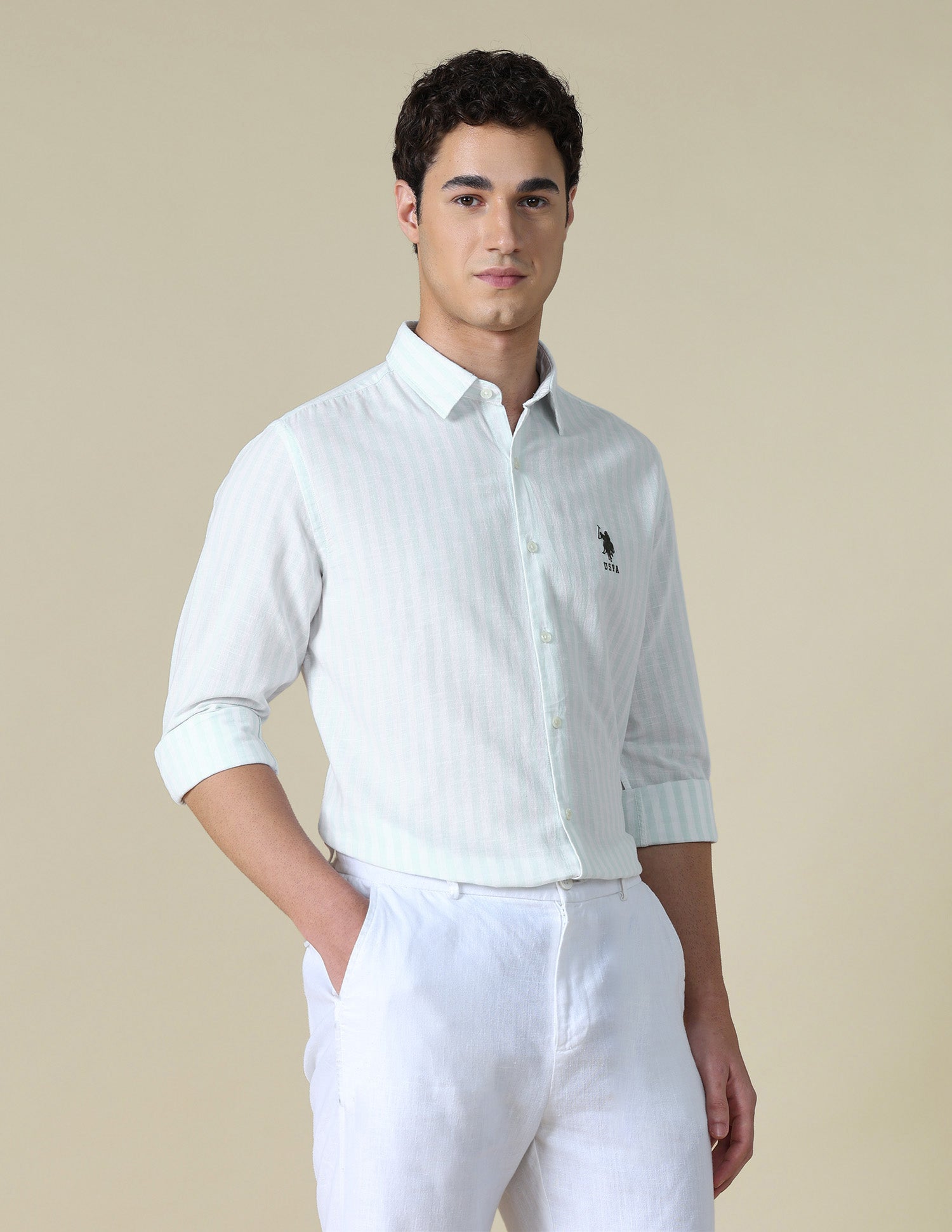 Vertical Striped Regular Fit Shirt Light Green - U.S. Polo Assn. India | Large