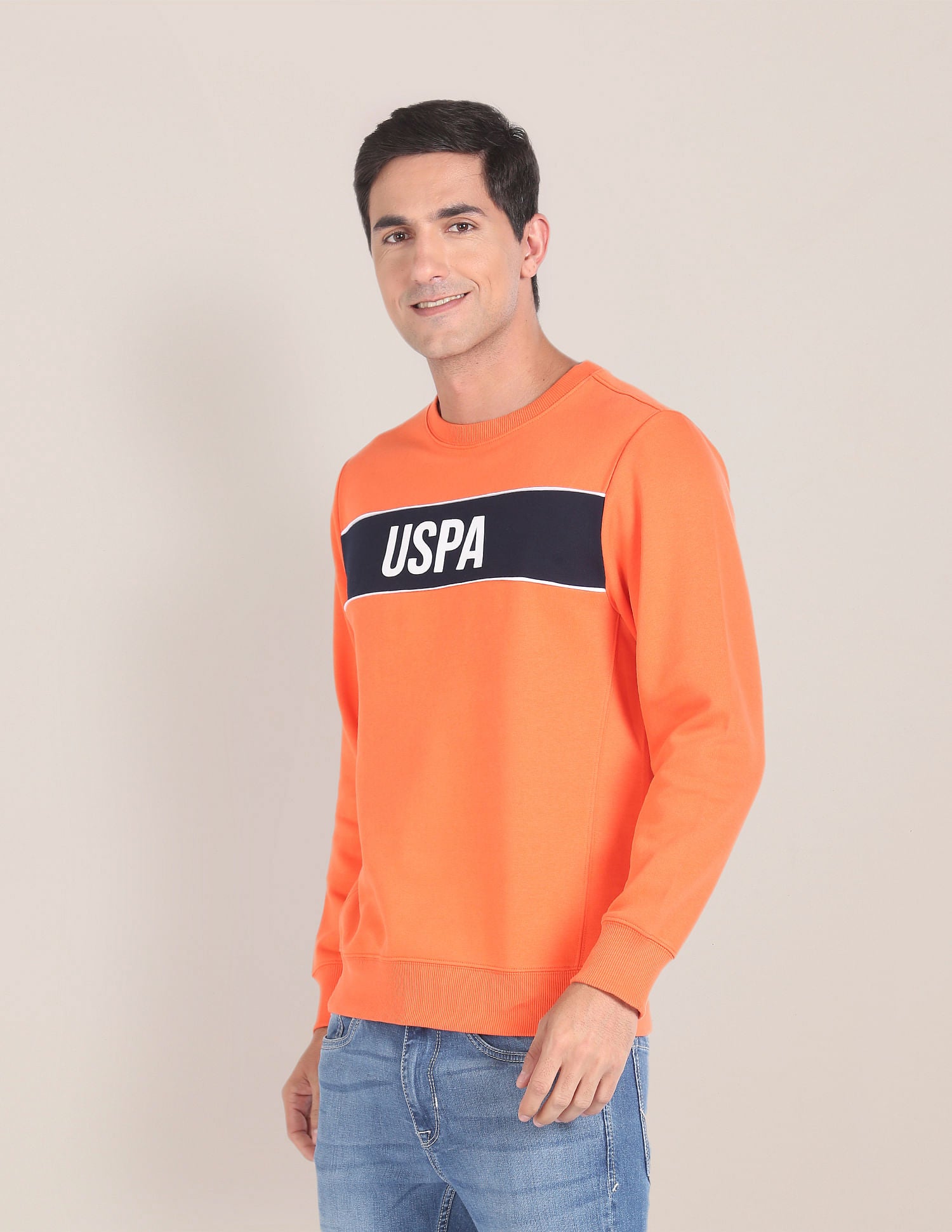 Brand Print Crew Neck Sweatshirt Orange - U.S. POLO ASSN. | Large