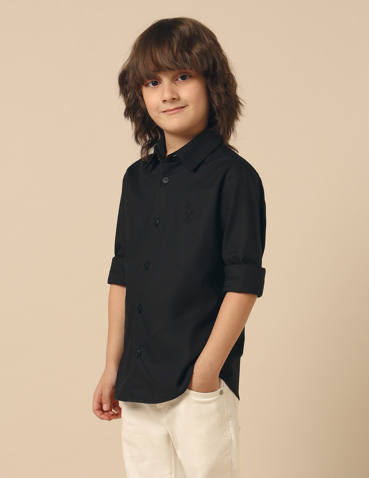 Boys Textured Pure Cotton Shirt Black - U.S. POLO ASSN. | Large