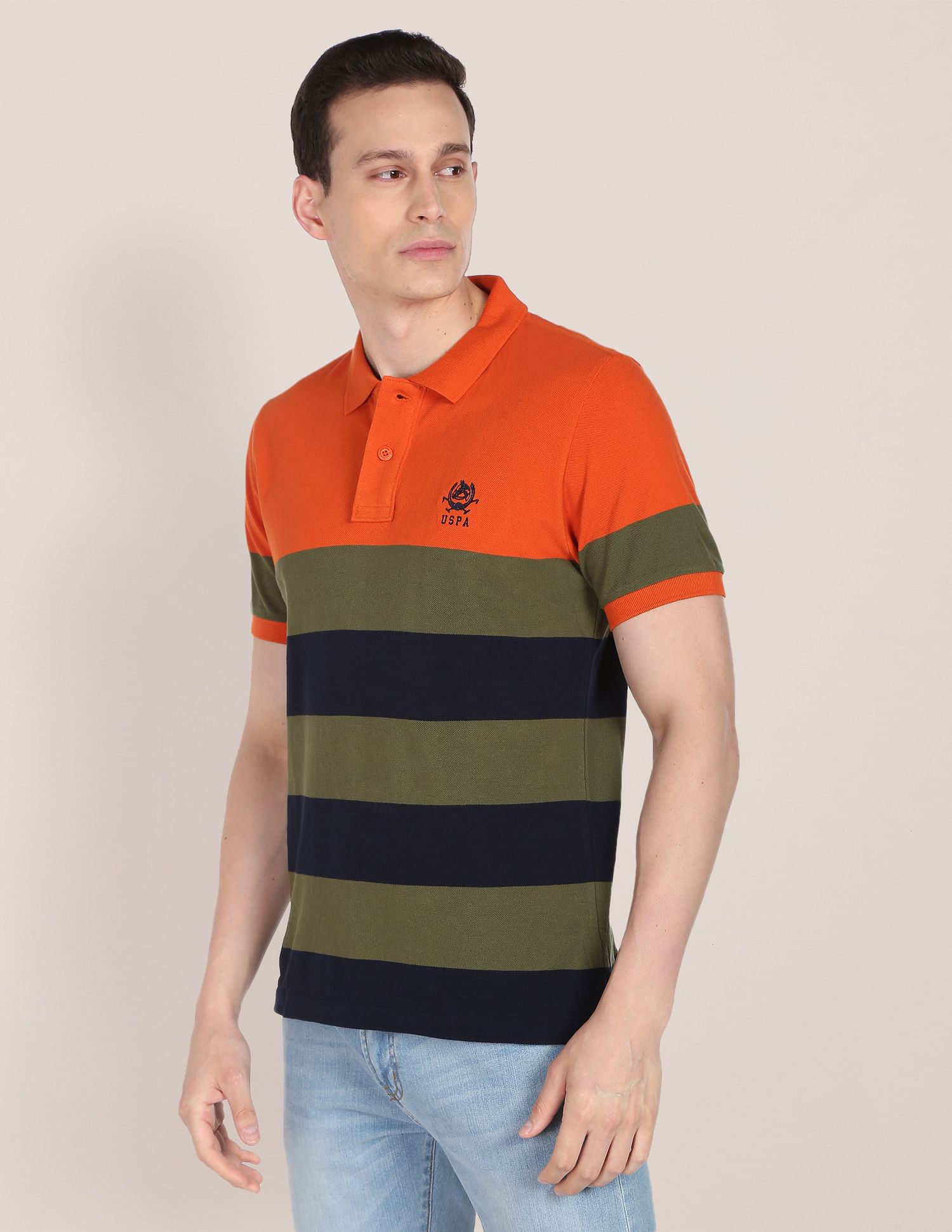 Horizontal Stripe Cotton Polo Shirt Orange, Olive and Navy - U.S. POLO ASSN. | Large