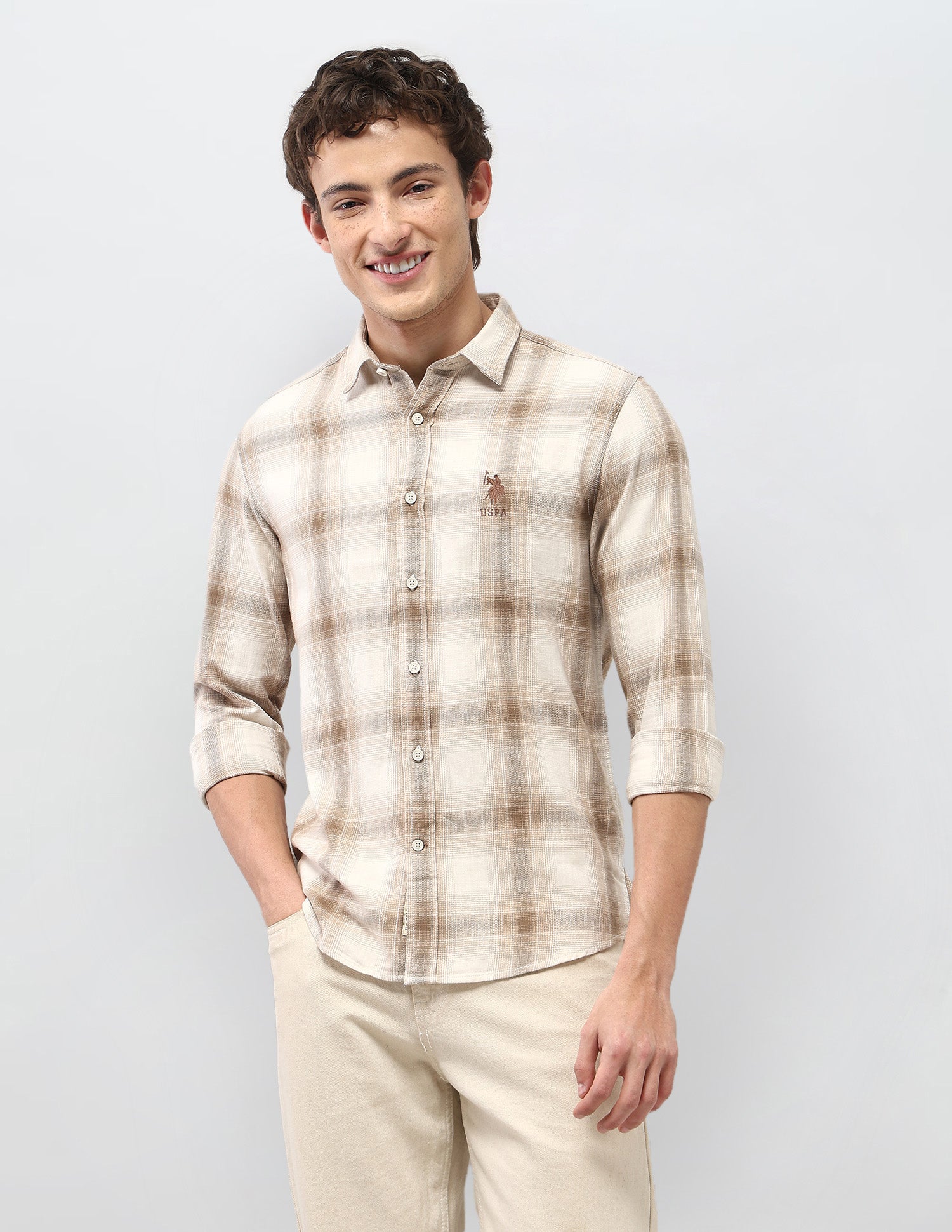 Motel On The Coast Windowpane Checked Shirt Beige - U.S. Polo Assn. India | Large