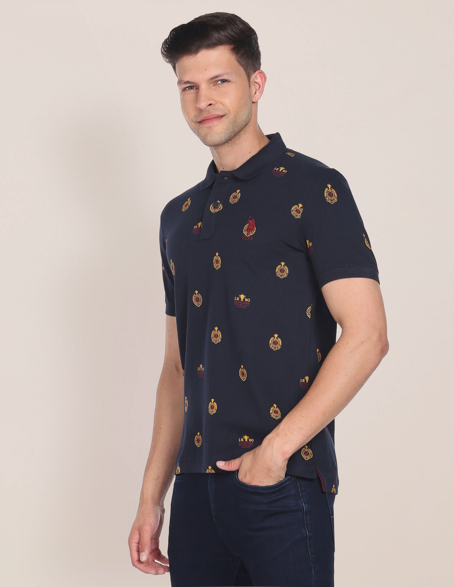 Monogram Print Cotton Polo Shirt Navy - U.S. Polo Assn. India | Large