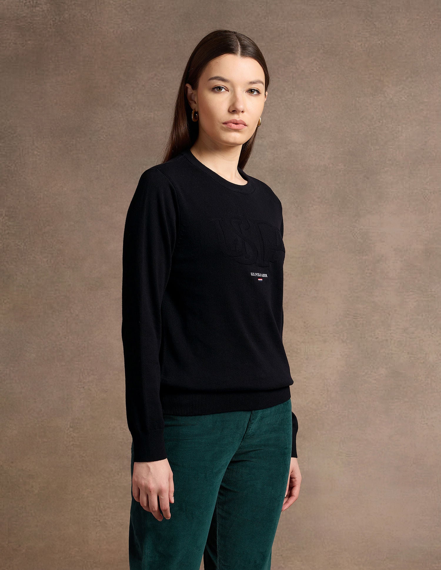 Typographic Branding Crew Neck Sweater Balck - U.S. Polo Assn. India | Large
