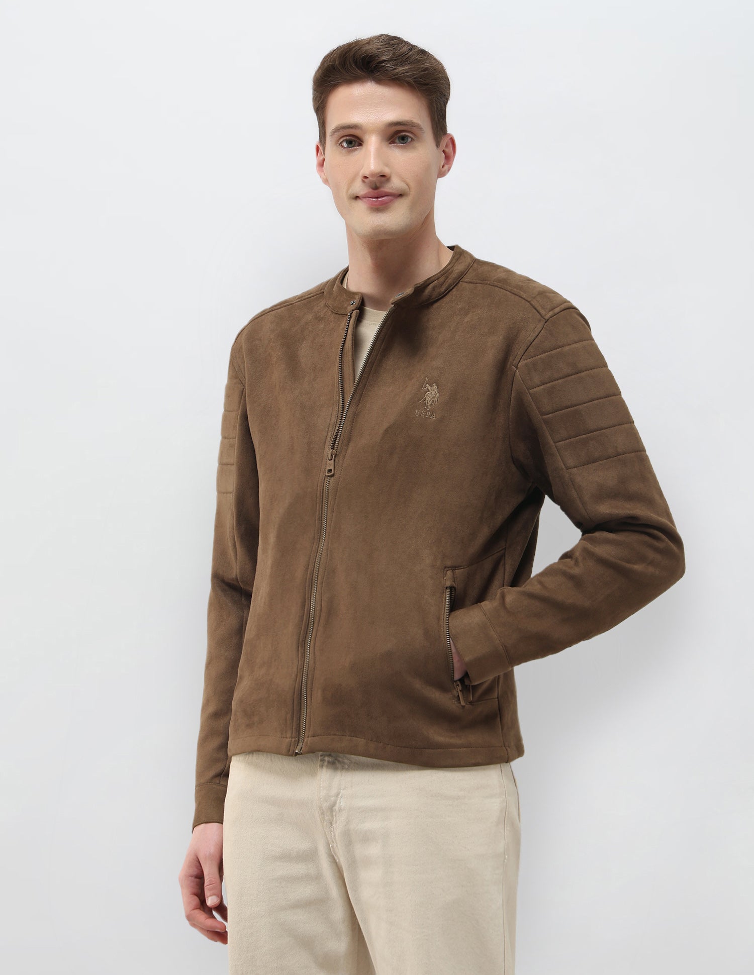 Solid Regular Fit Biker Jacket Brown - U.S. Polo Assn. India | Large