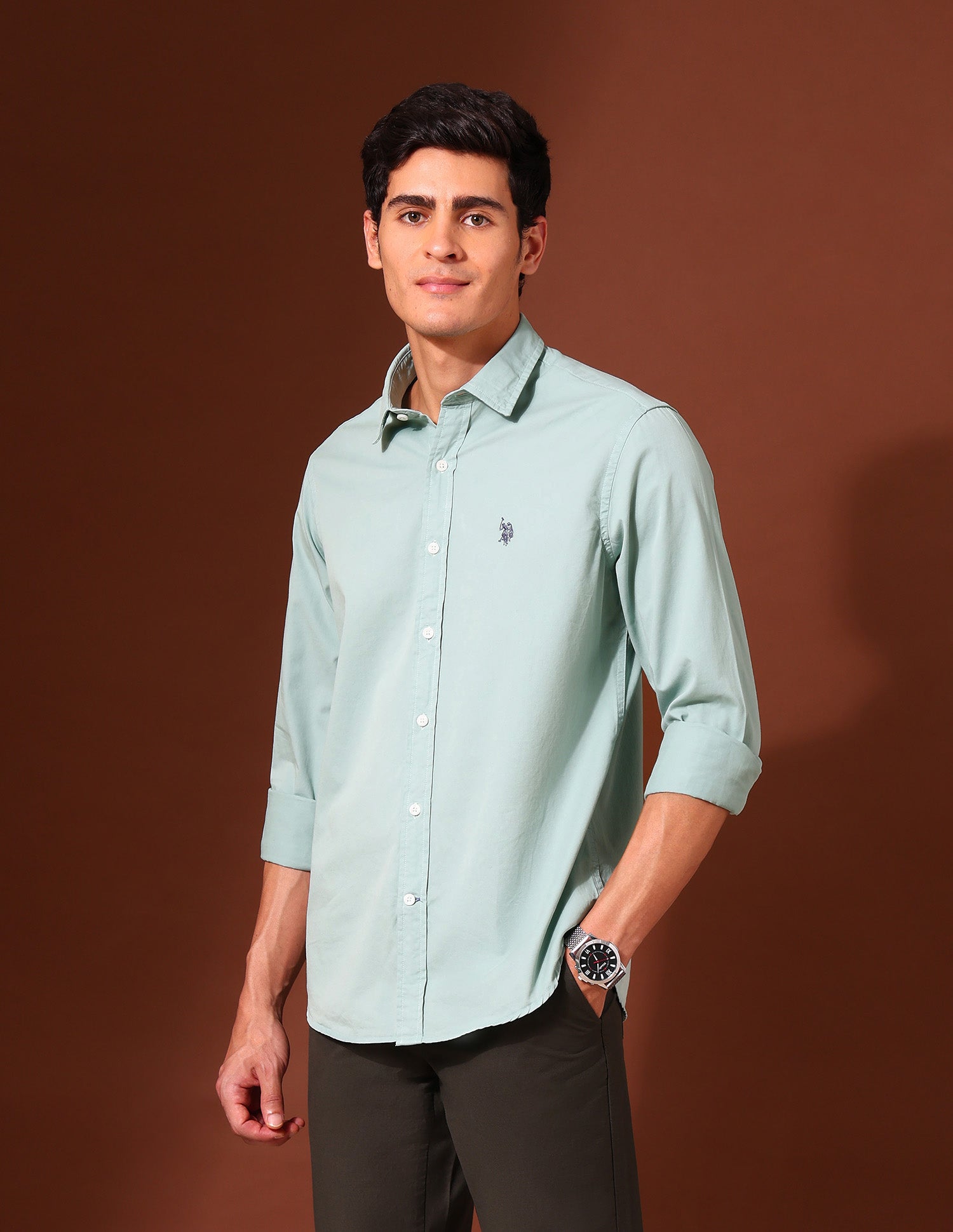 Pure Cotton Tailored Fit Twill Shirt Mint - U.S. Polo Assn. India | Large