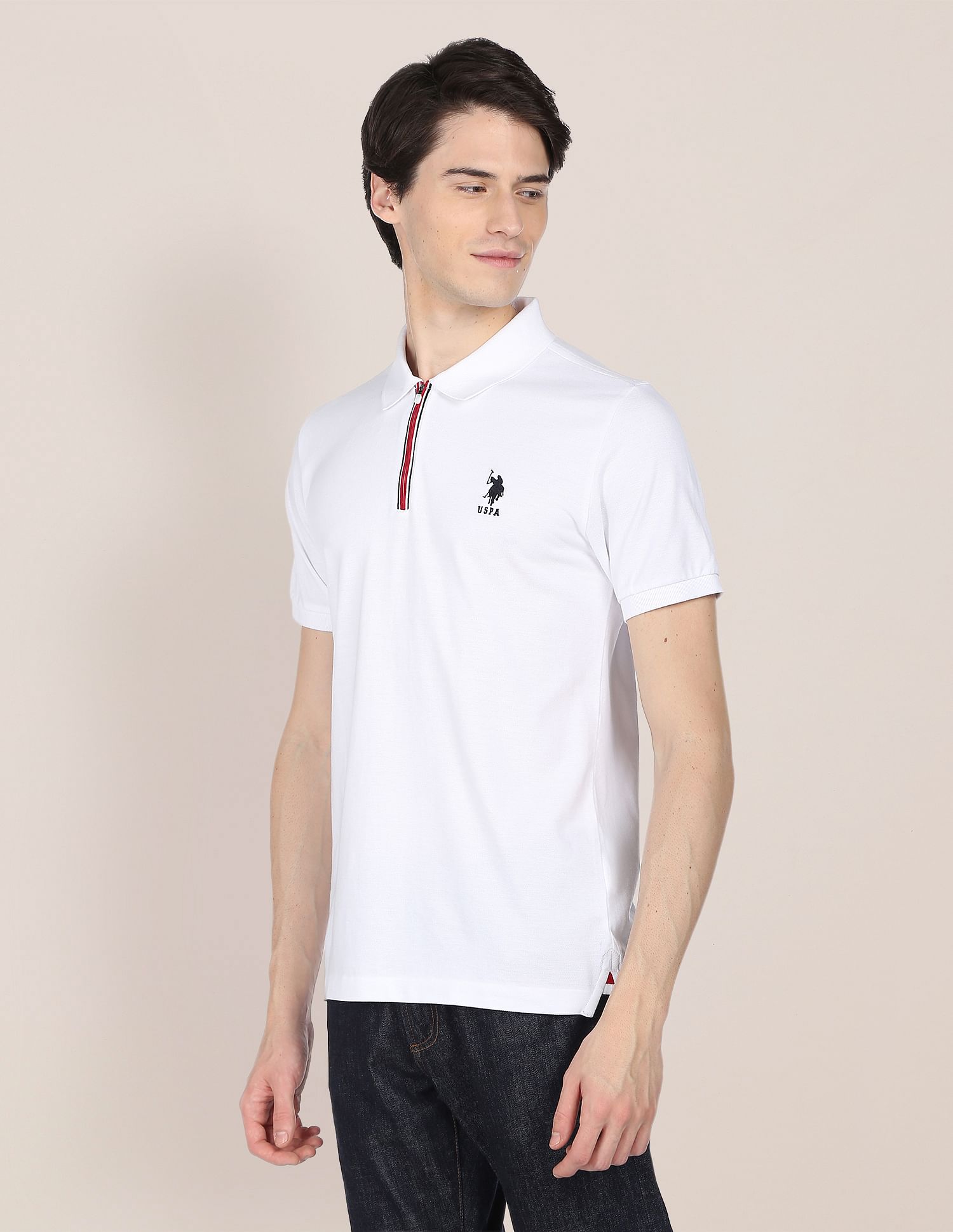 Zipper Cotton Polo Shirt White - U.S. Polo Assn. India | Large