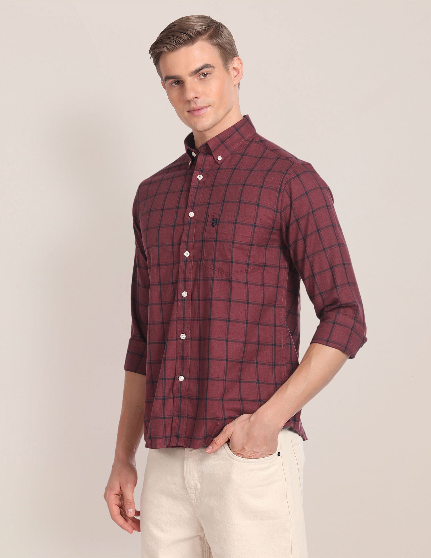 Windowpane Check Cotton Shirt Maroon - U.S. Polo Assn. India | Large