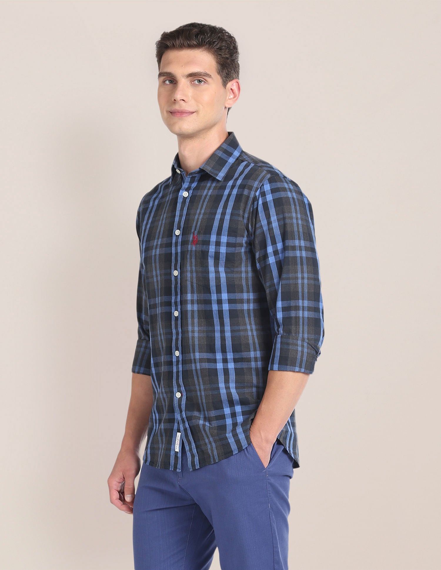 Tartan Check Cotton Shirt Dark Grey and Blue - U.S. Polo Assn. India | Large