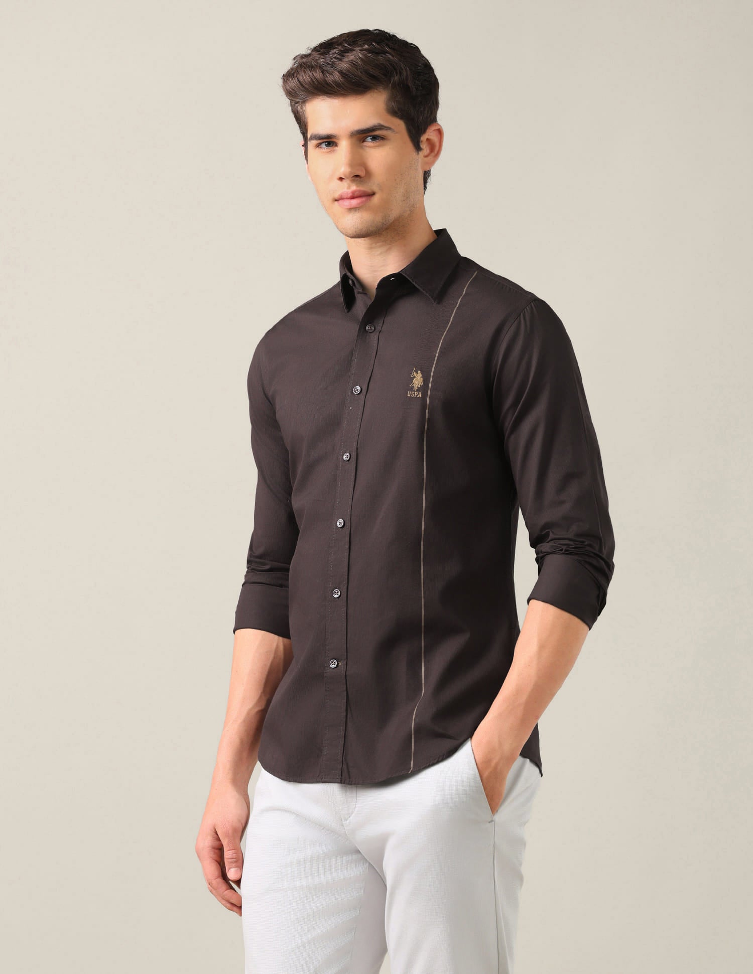 Tailored Fit Dobby Shirt Brown - U.S. Polo Assn. India | Large