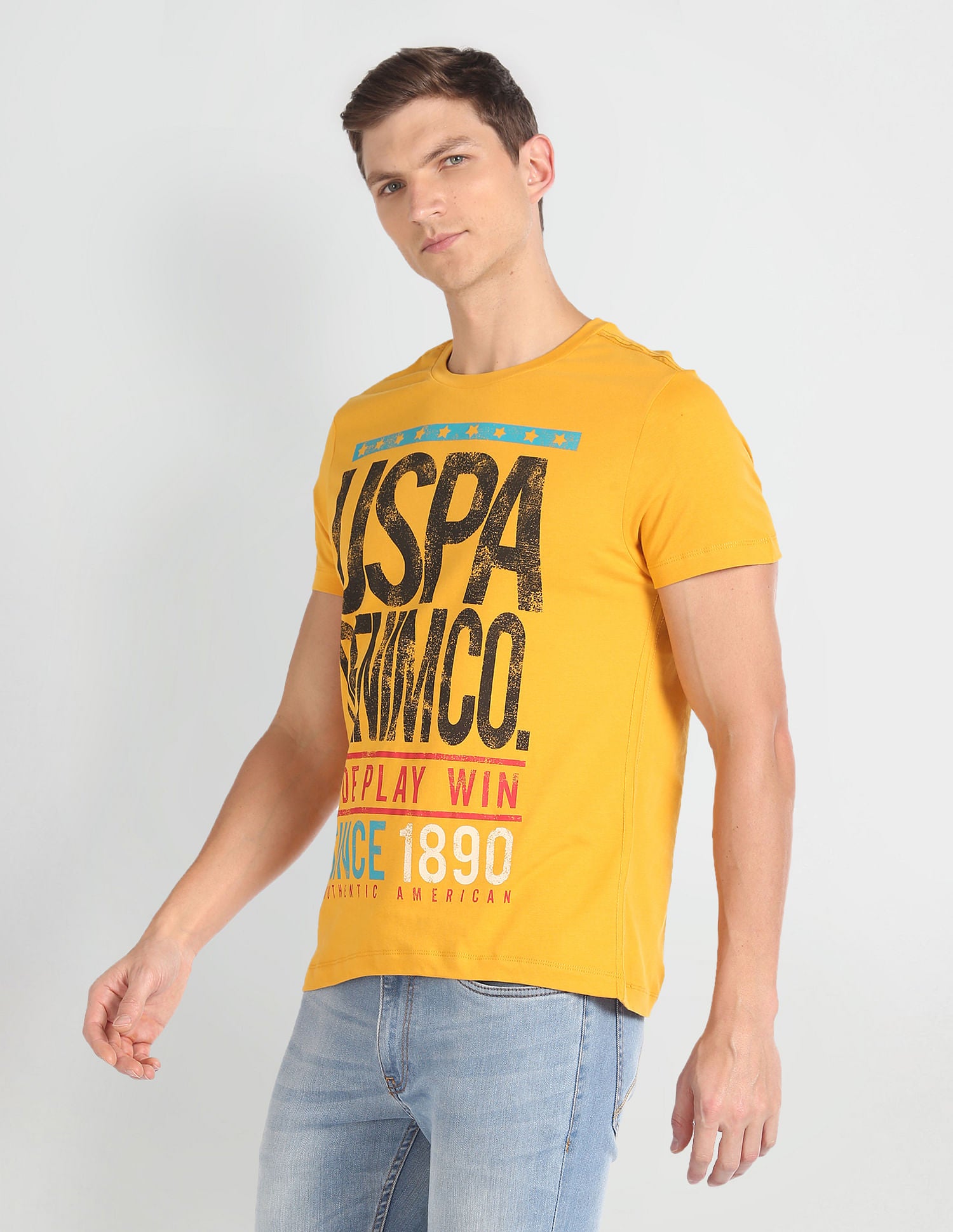 Crew Neck Typographic Print T-Shirt Mustard - U.S. Polo Assn. India | Large