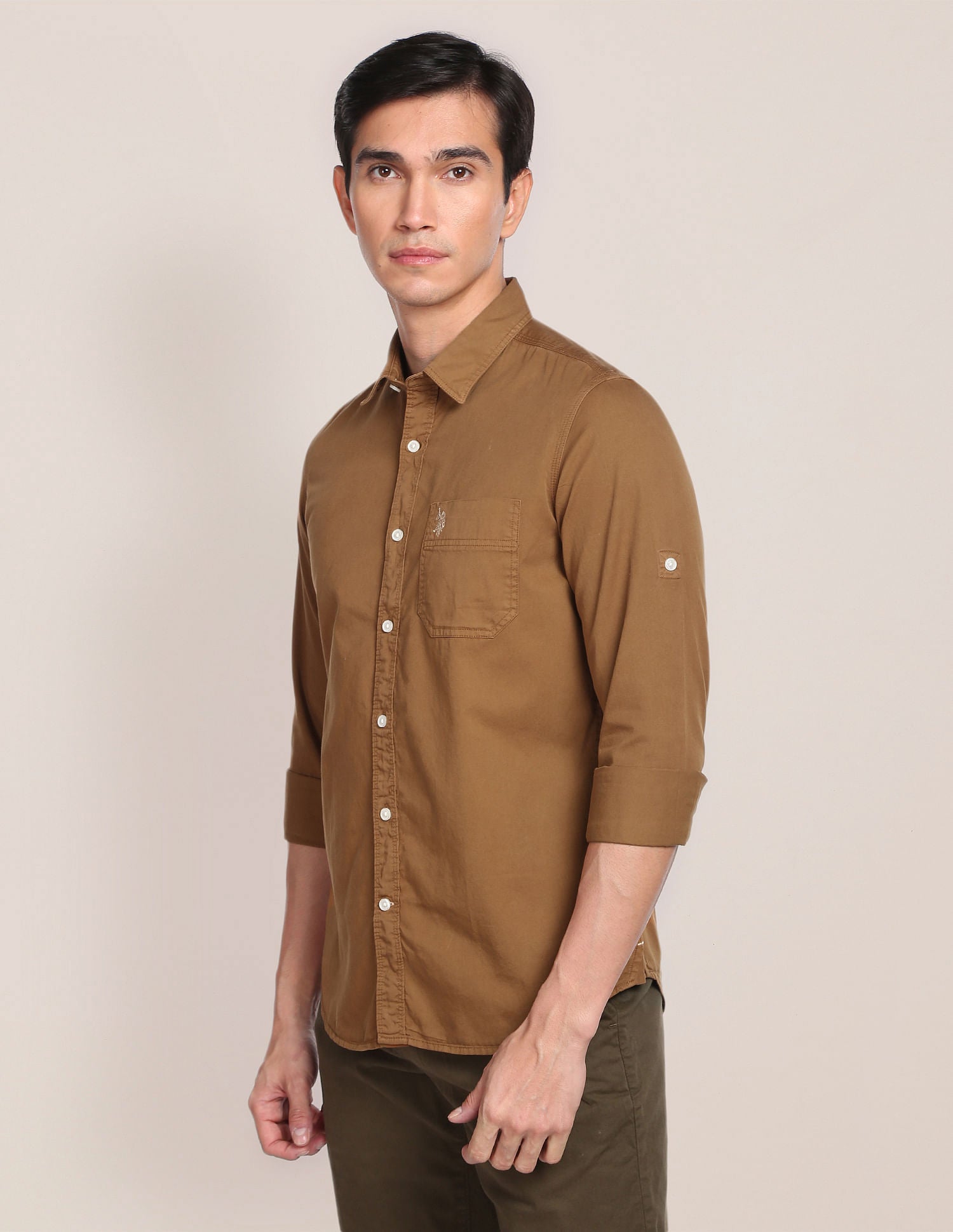 Solid Twill Convertible Sleeve Casual Shirt Brown - U.S. POLO ASSN. | Large