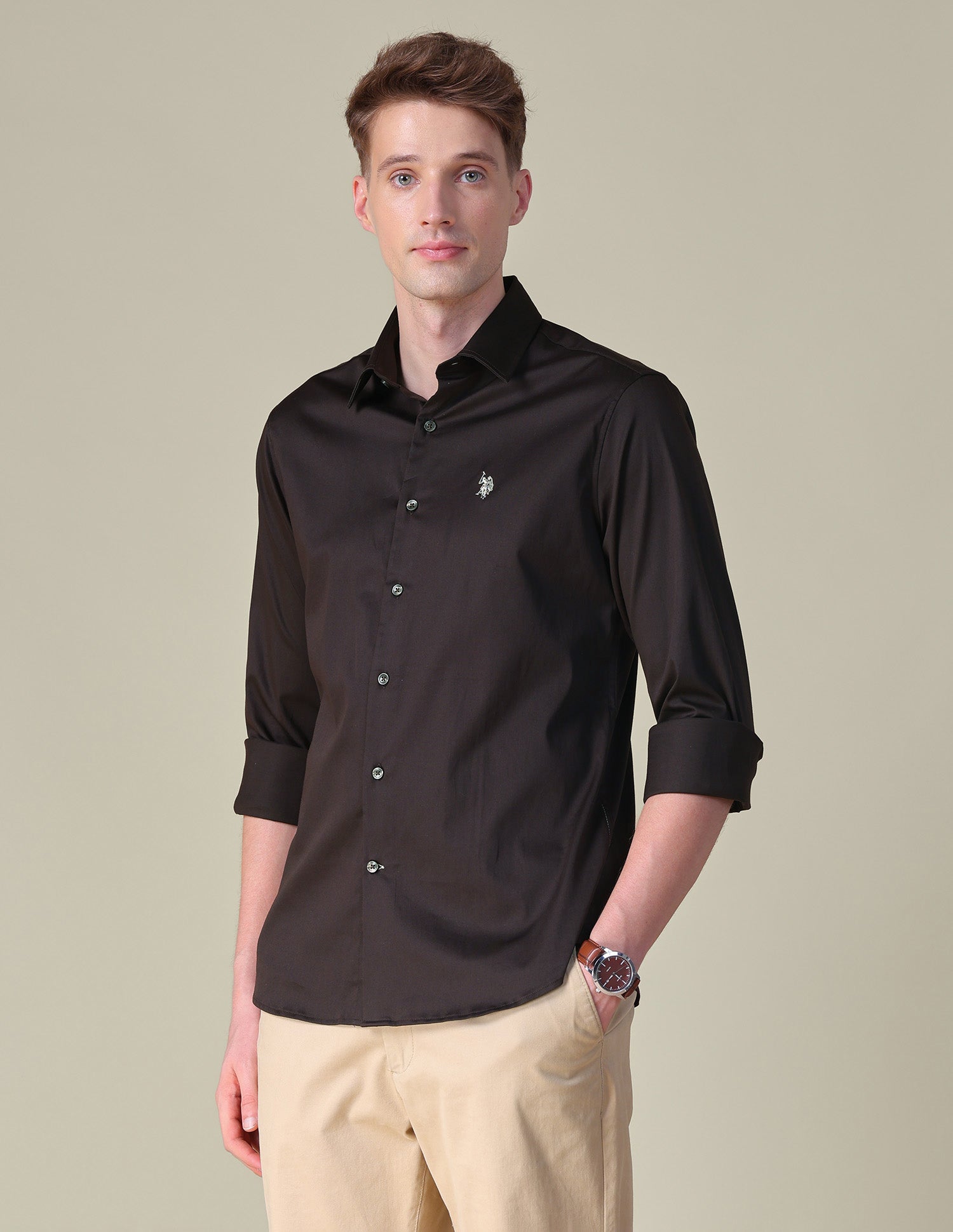 Satin Tailored Fit Shirt Choco - U.S. POLO ASSN. | Large