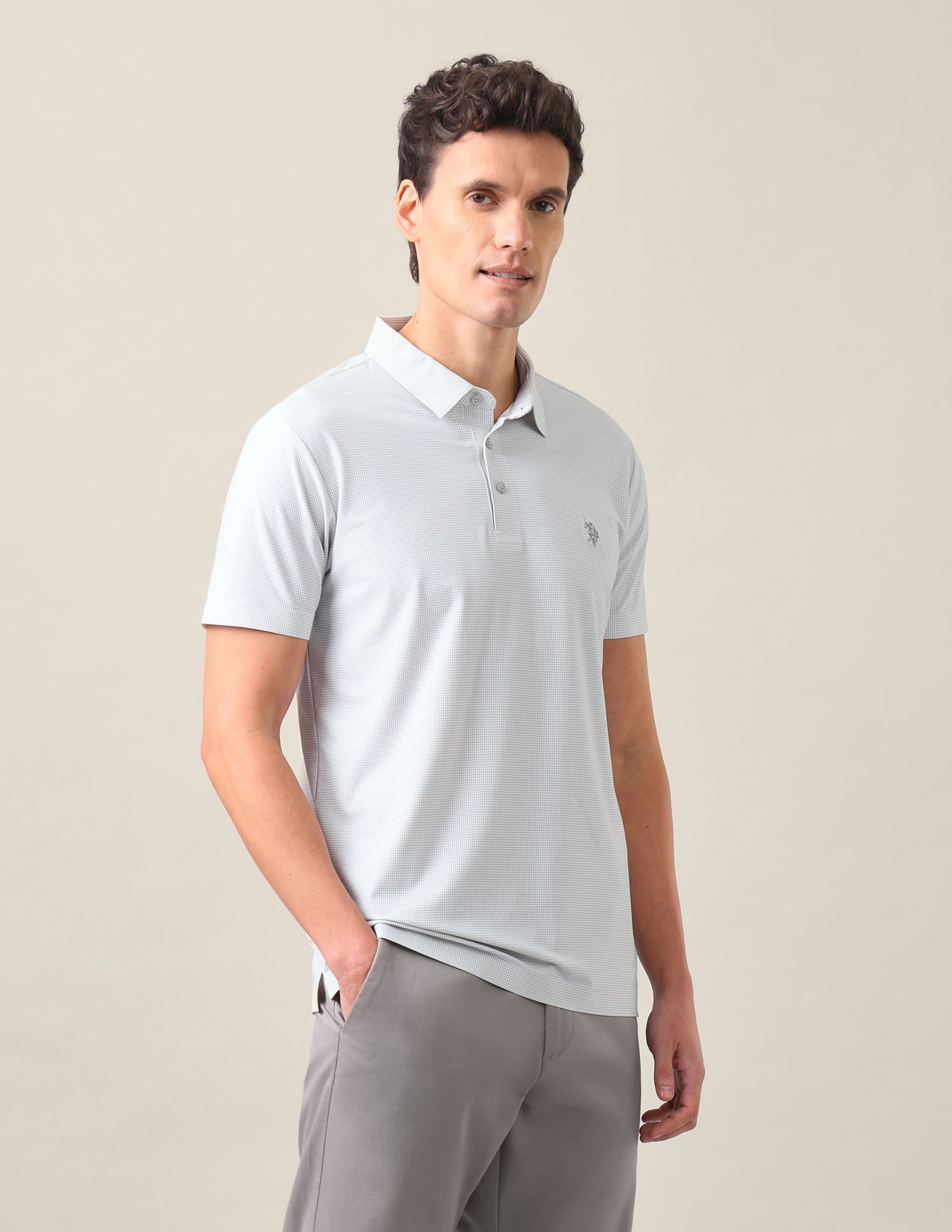 Houndstooth Checked Slim Fit Polo Shirt Light Grey - U.S. Polo Assn. India | Large