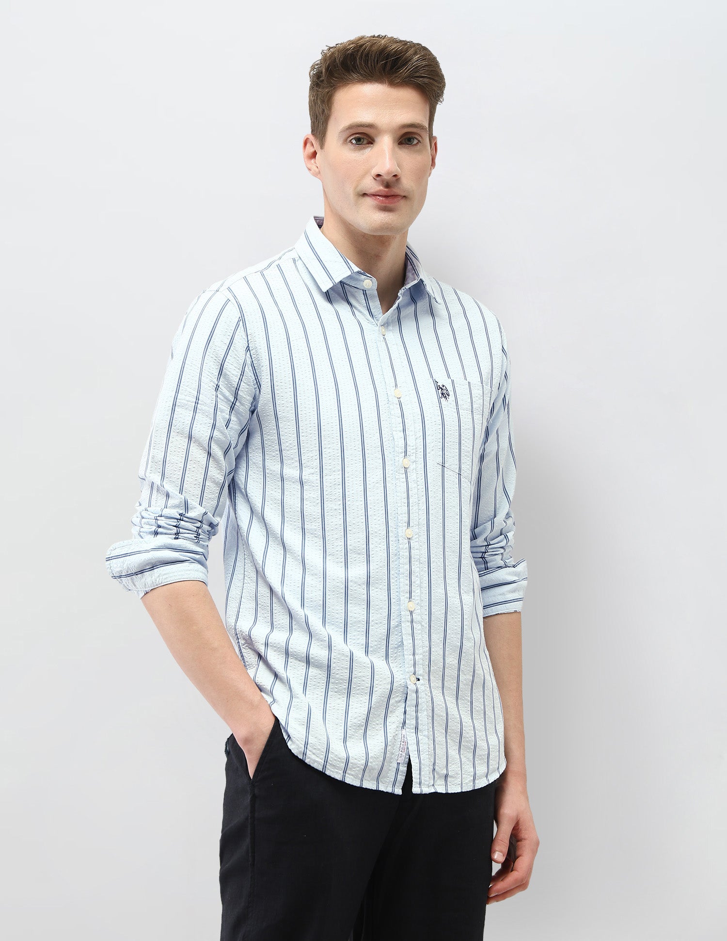 Vertical Striped Tailored Fit Shirt Light Blue - U.S. Polo Assn. India | Large