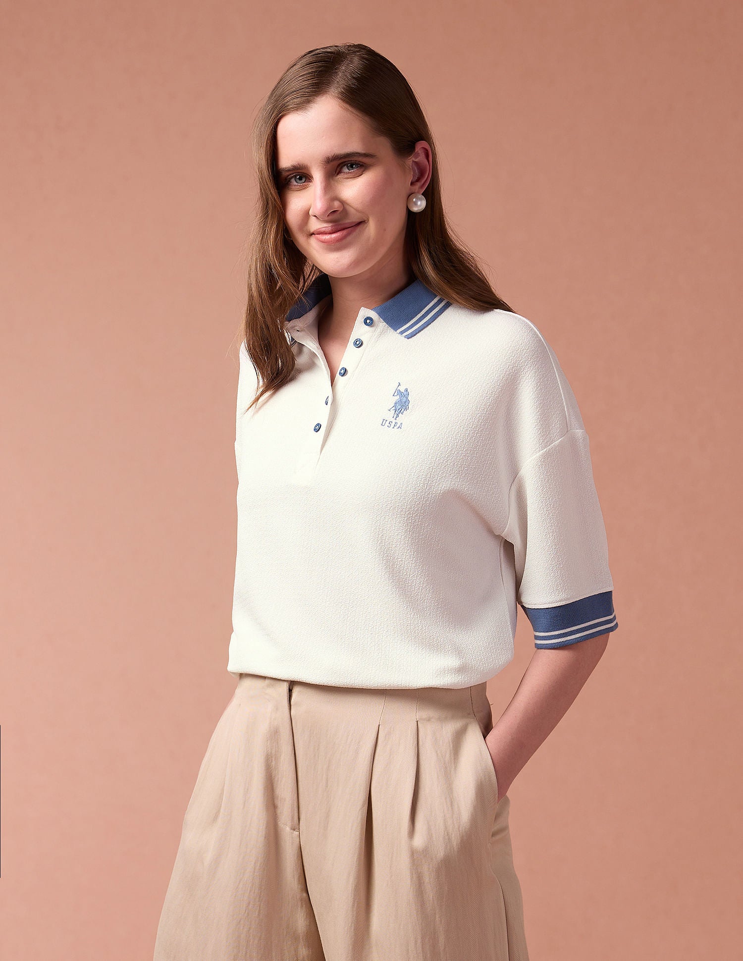 Oversized Textured Knit Polo Shirt Off White - U.S. Polo Assn. India | Large